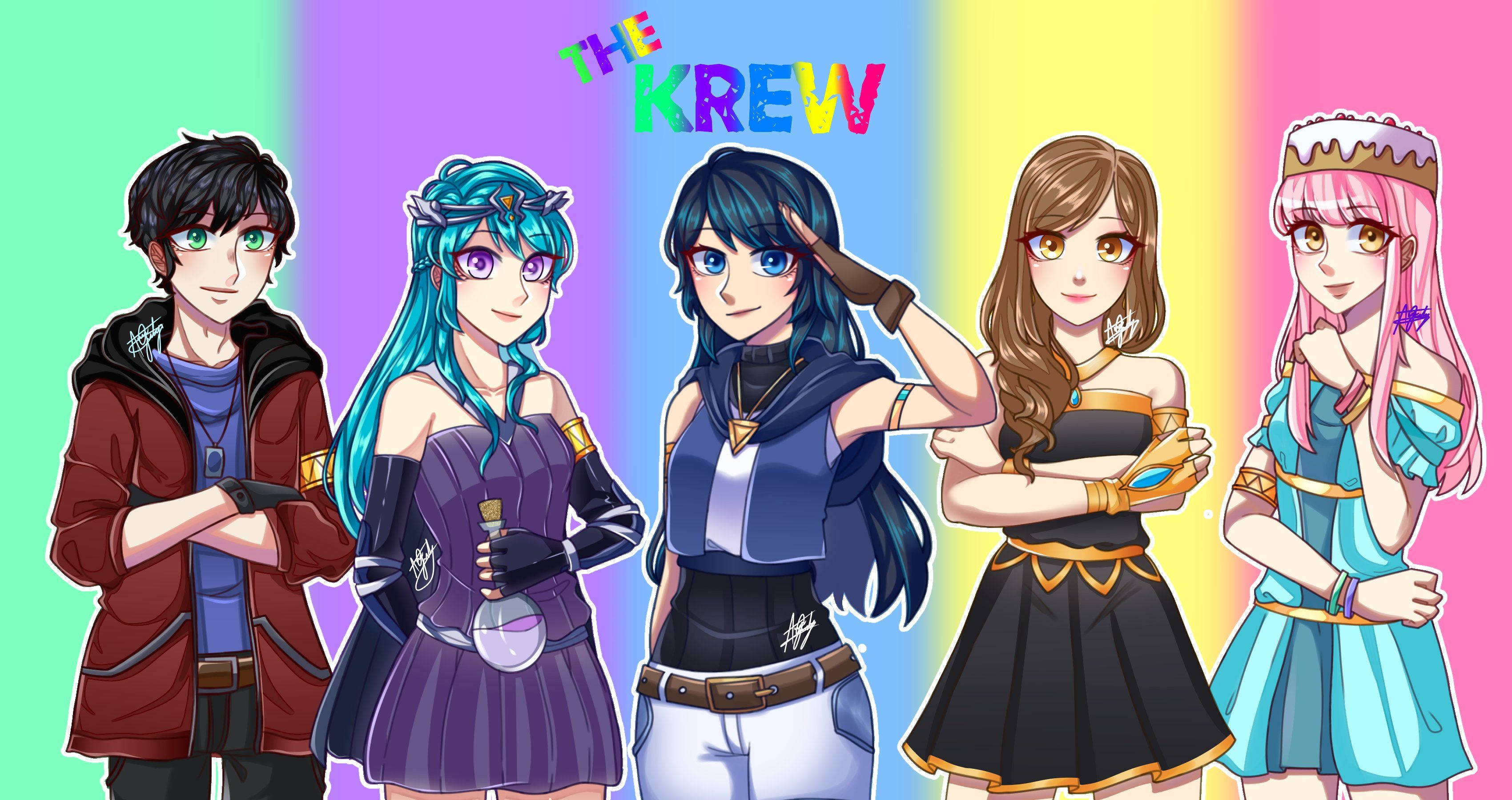 The Krew 桌布 壁紙 — 五個動漫風格角色自信地站在鮮豔的彩虹漸變背景前，上方有文字 'THE KREW'。