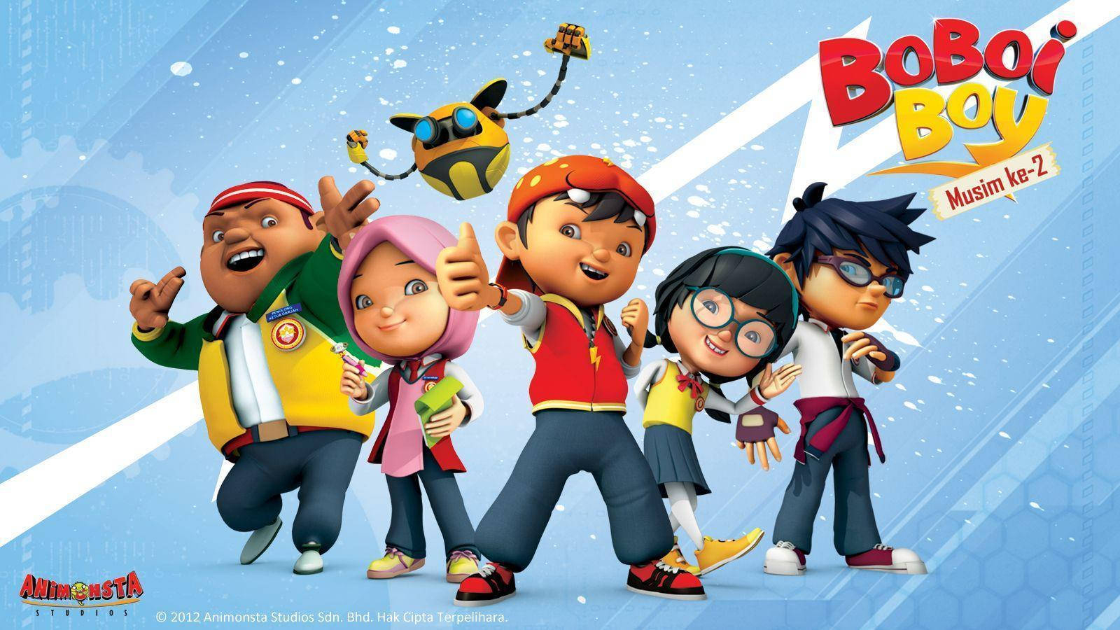 Cartoon Boy 桌布 壁紙 — 五個動畫兒童和一個機器人角色在帶有白色條紋的動態藍色背景前充滿活力地擺姿勢。