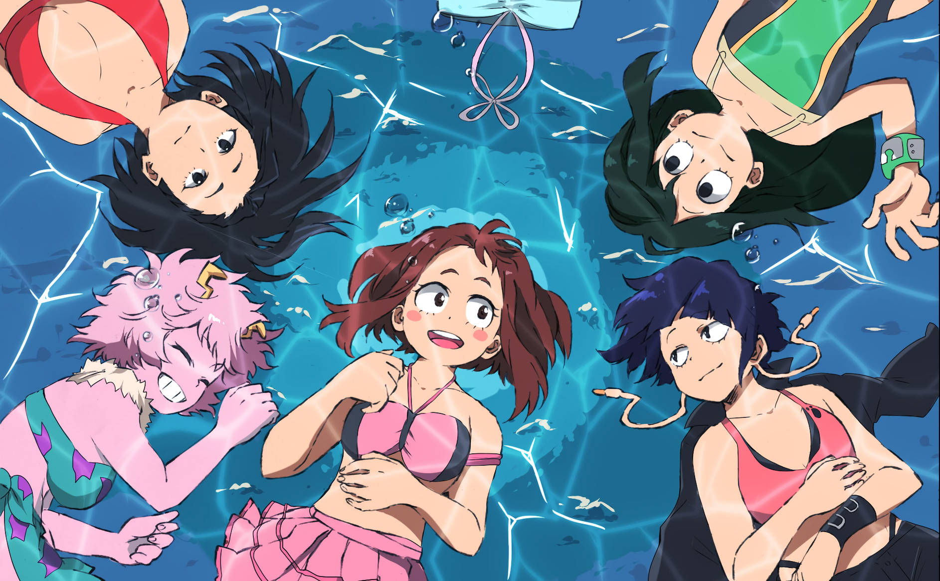 Uraraka 桌布 壁紙 — 五個動畫女孩在泳池的水底漂浮，氣泡和光線穿過藍色水面。