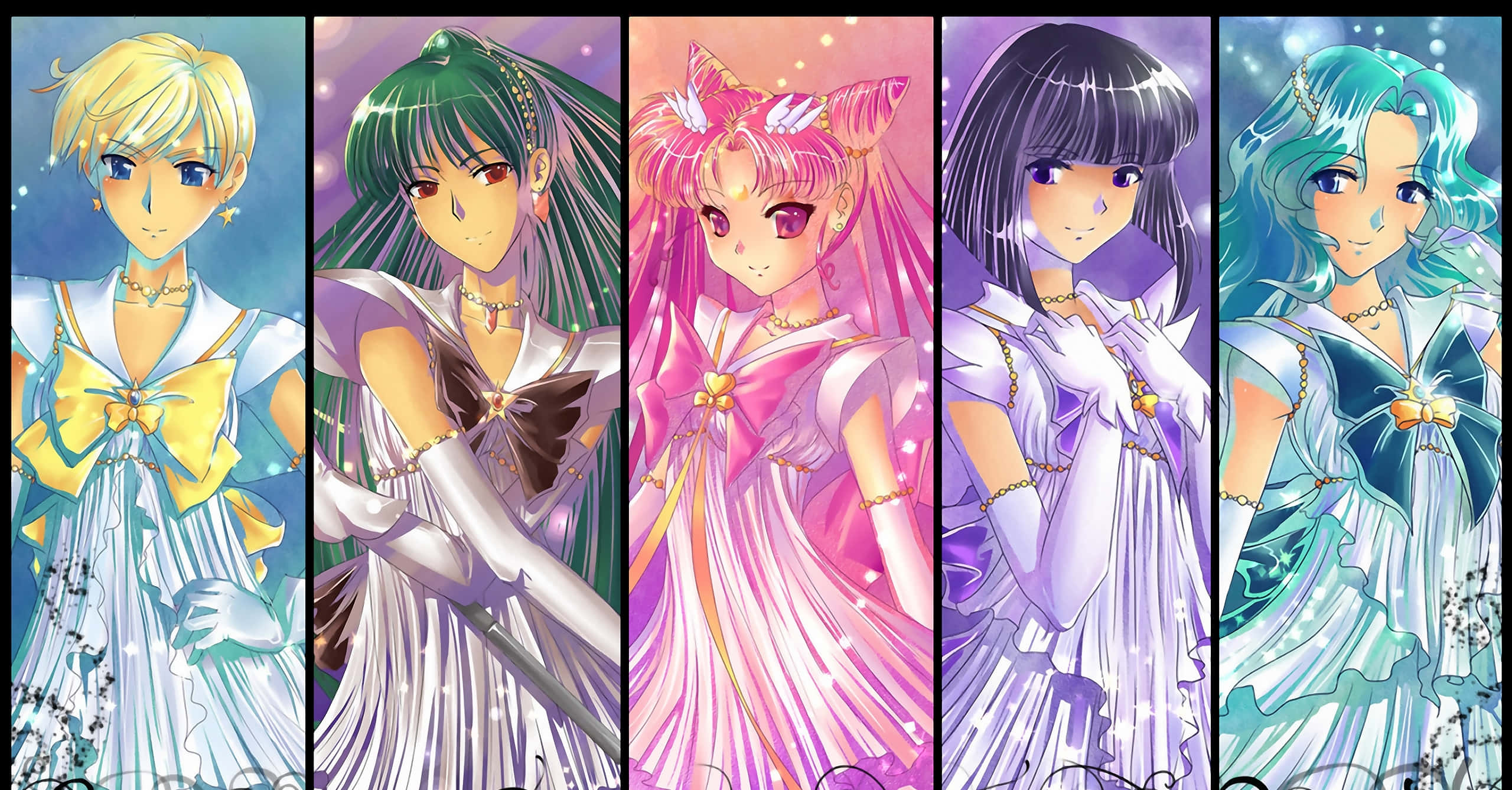 Sailor Saturn 桌布 壁紙 — 五個動畫女孩穿著魔法水手服，並排站在發光的柔和背景前。