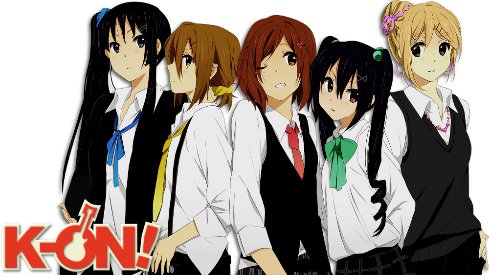 K 桌布 壁紙 — 五個動畫女學生穿著校服站在黑色背景前，下方有「K-ON!」標誌。
