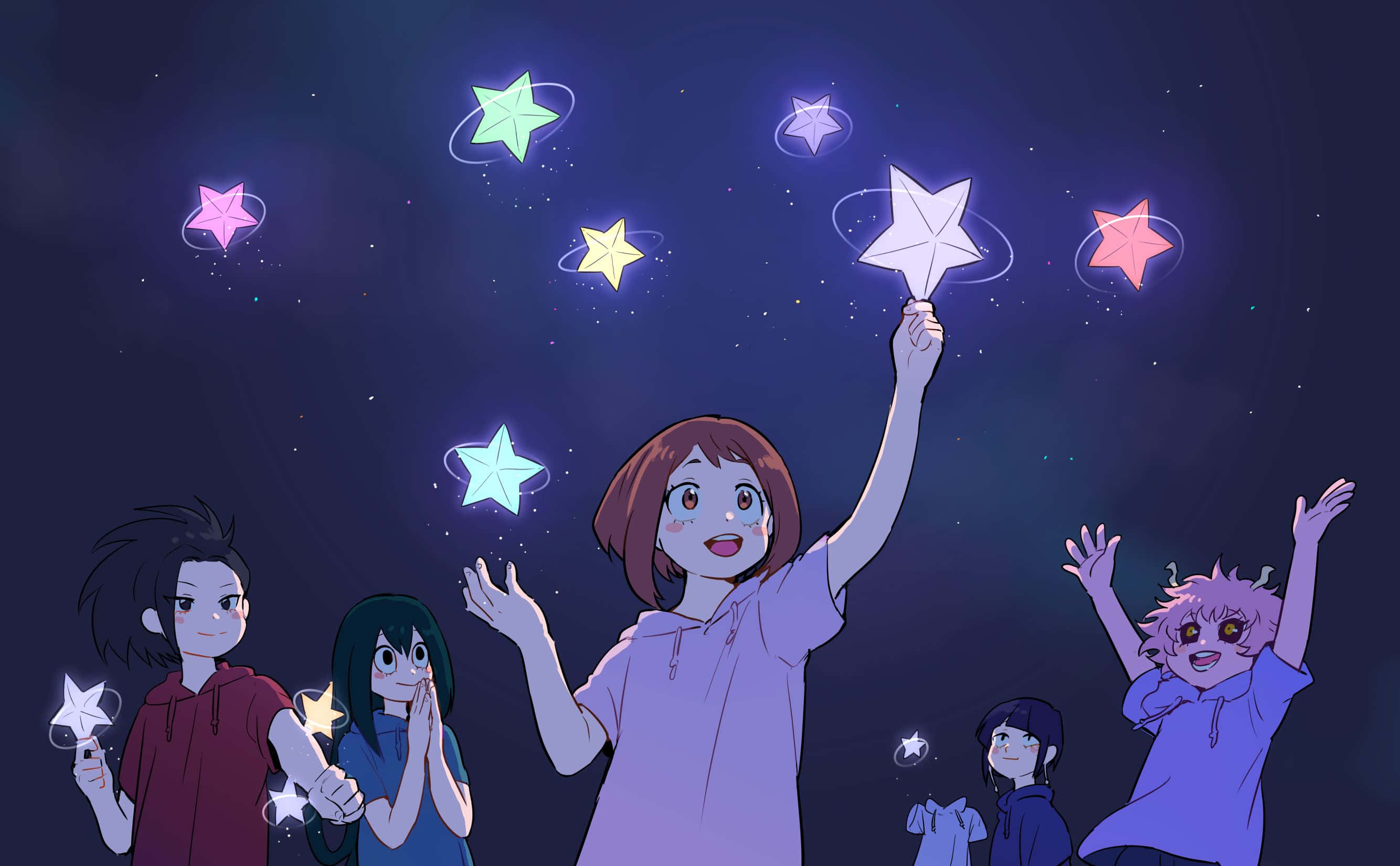 Momo Yaoyorozu 桌布 壁紙 — 五個動畫小孩在黑暗的星空下，高興地拿著發光的星形燈光。