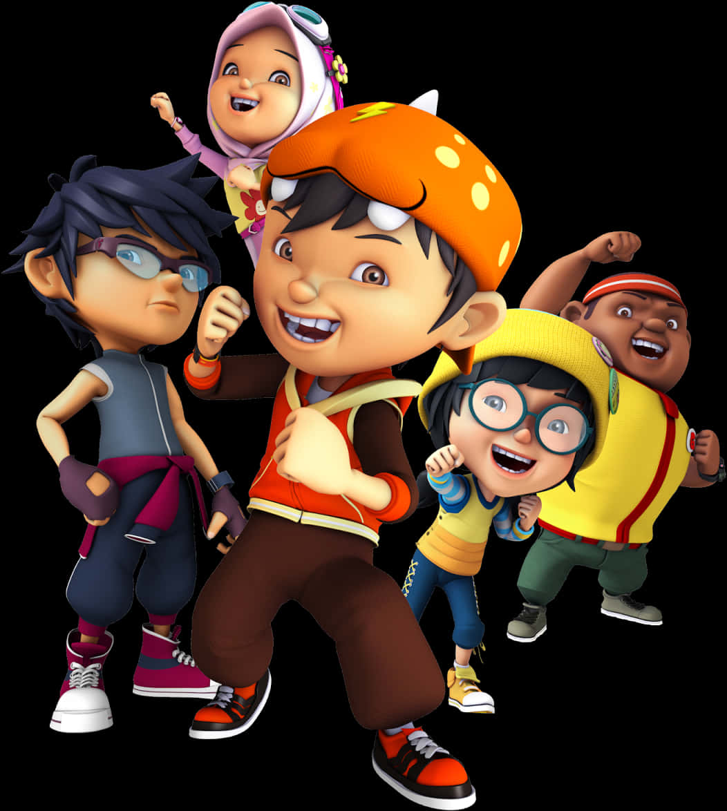 Upin Ipin 桌布 壁紙 — 五個動畫小孩穿著色彩繽紛的服裝，在黑色背景前充滿活力地擺姿勢，表情歡樂。