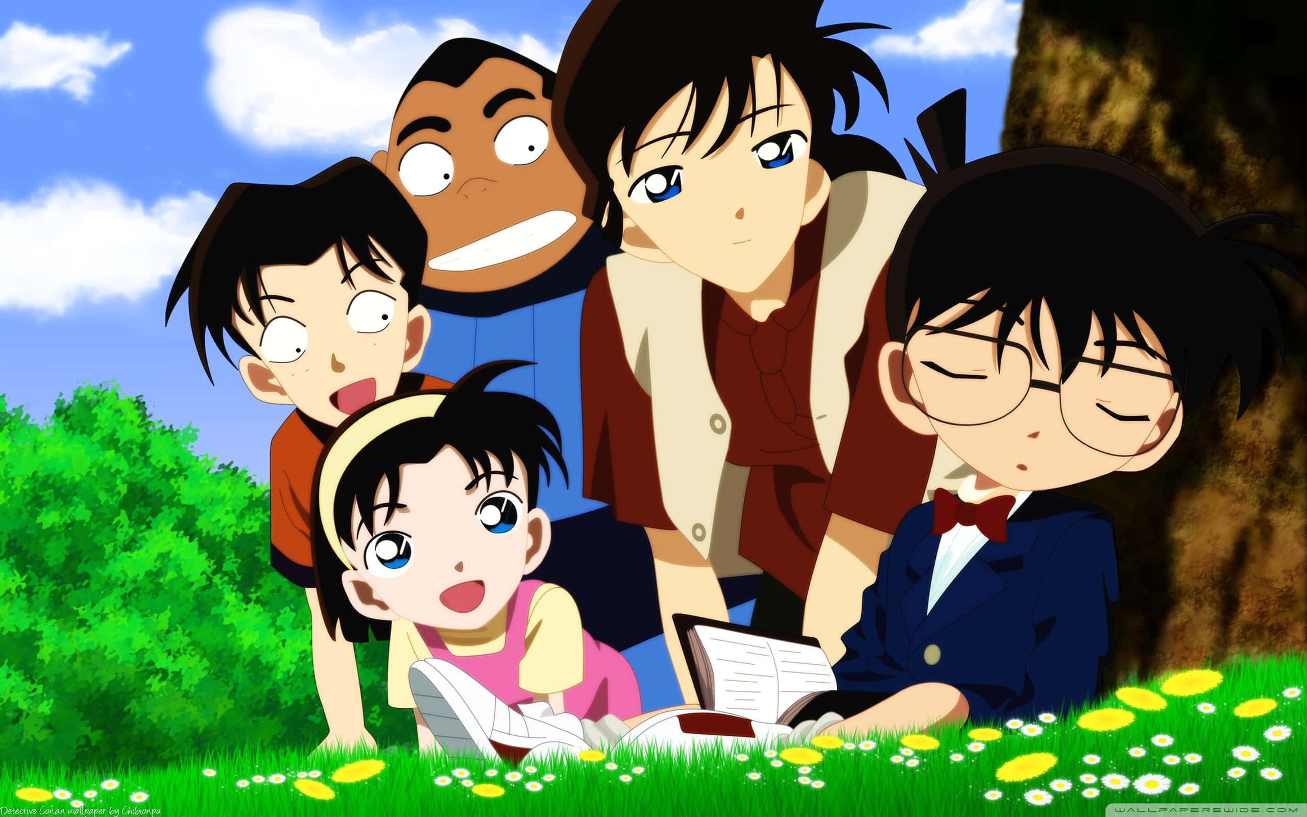 Detective Conan 桌布 壁紙 — 五個動畫小孩聚集在陽光明媚的草地上，雛菊盛開，藍天白雲。