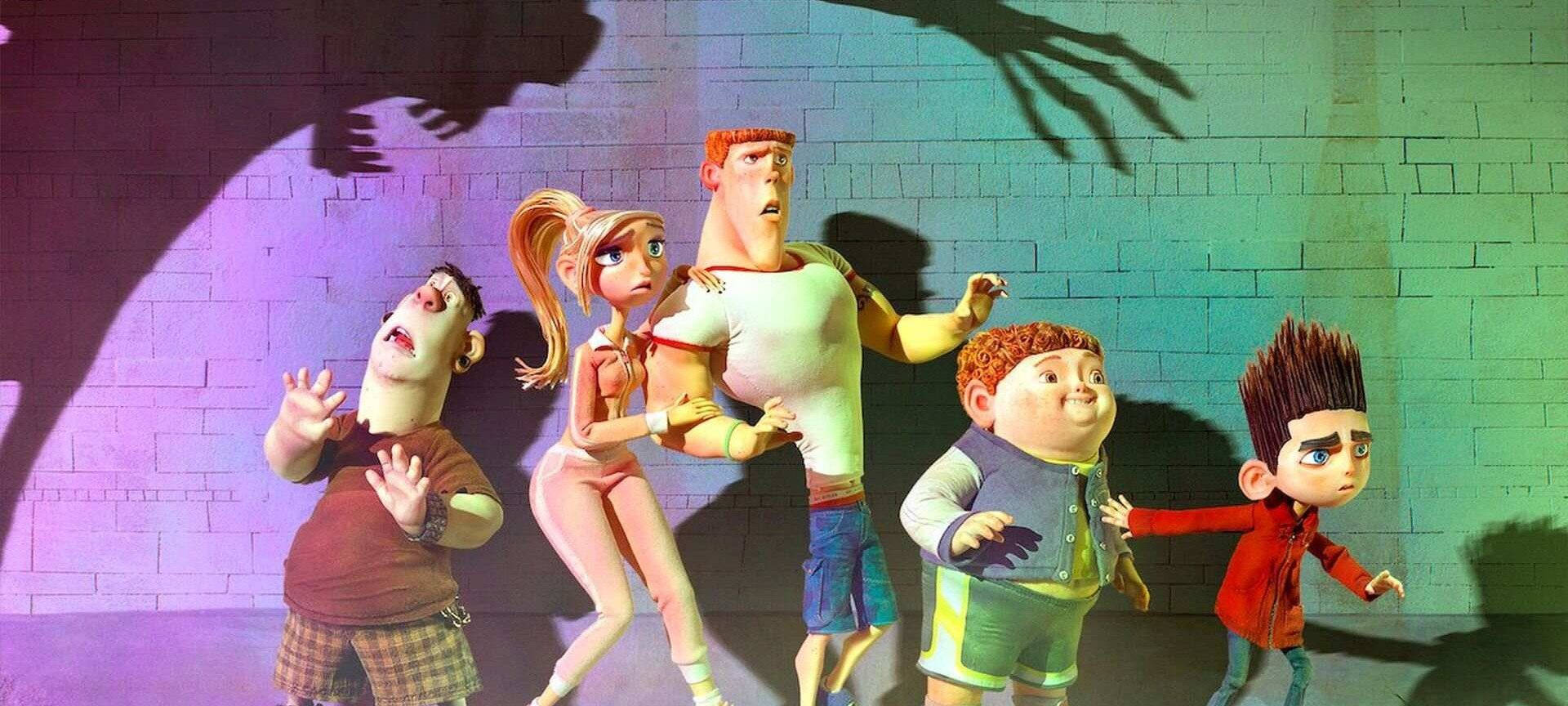 Animated 桌布 壁紙 — 五個動畫小孩驚恐地逃離磚牆上籠罩的巨大陰影手。