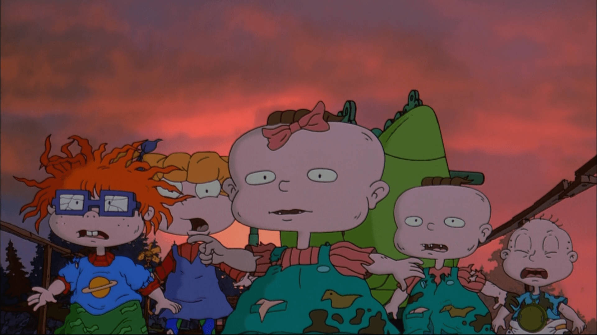 rugrats 桌布 壁紙 — 五個動畫幼兒帶著憂慮的表情一起站在火紅的日落天空前。