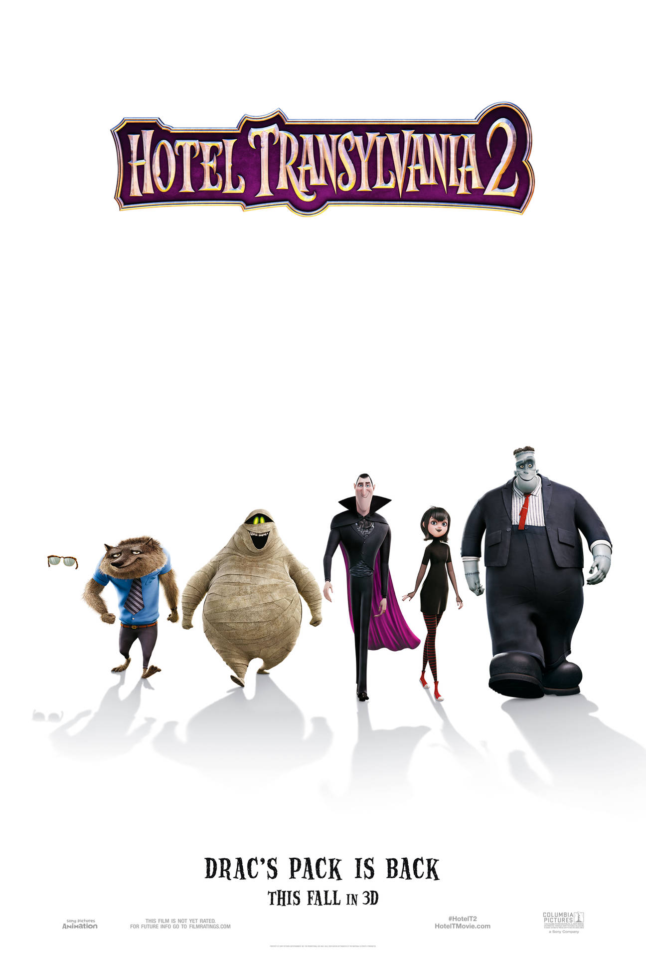Monster 桌布 壁紙 — 五個動畫怪物角色在 Hotel Transylvania 2 標誌下，自信地排成一排，背景為純白色。