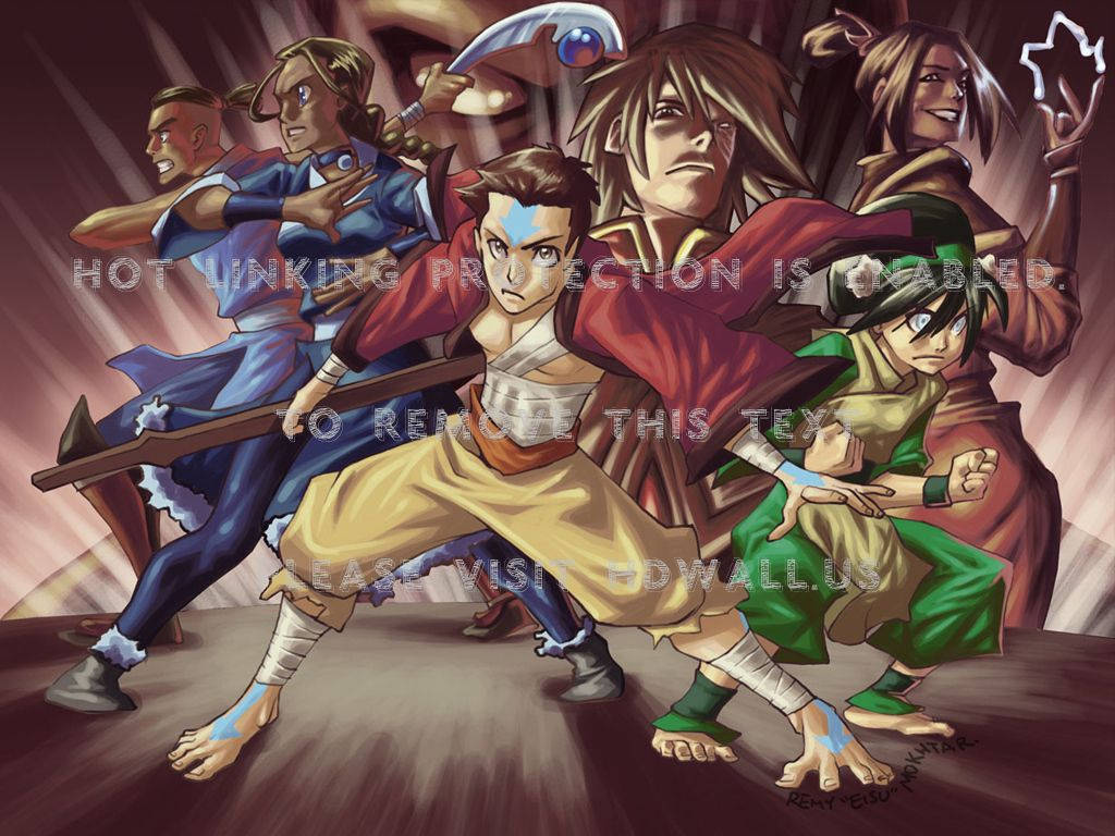 Airbender 桌布 壁紙 — 五個動畫戰士以動態戰鬥姿勢，手持發光元素武器，背景是戲劇性的紅色和金色。