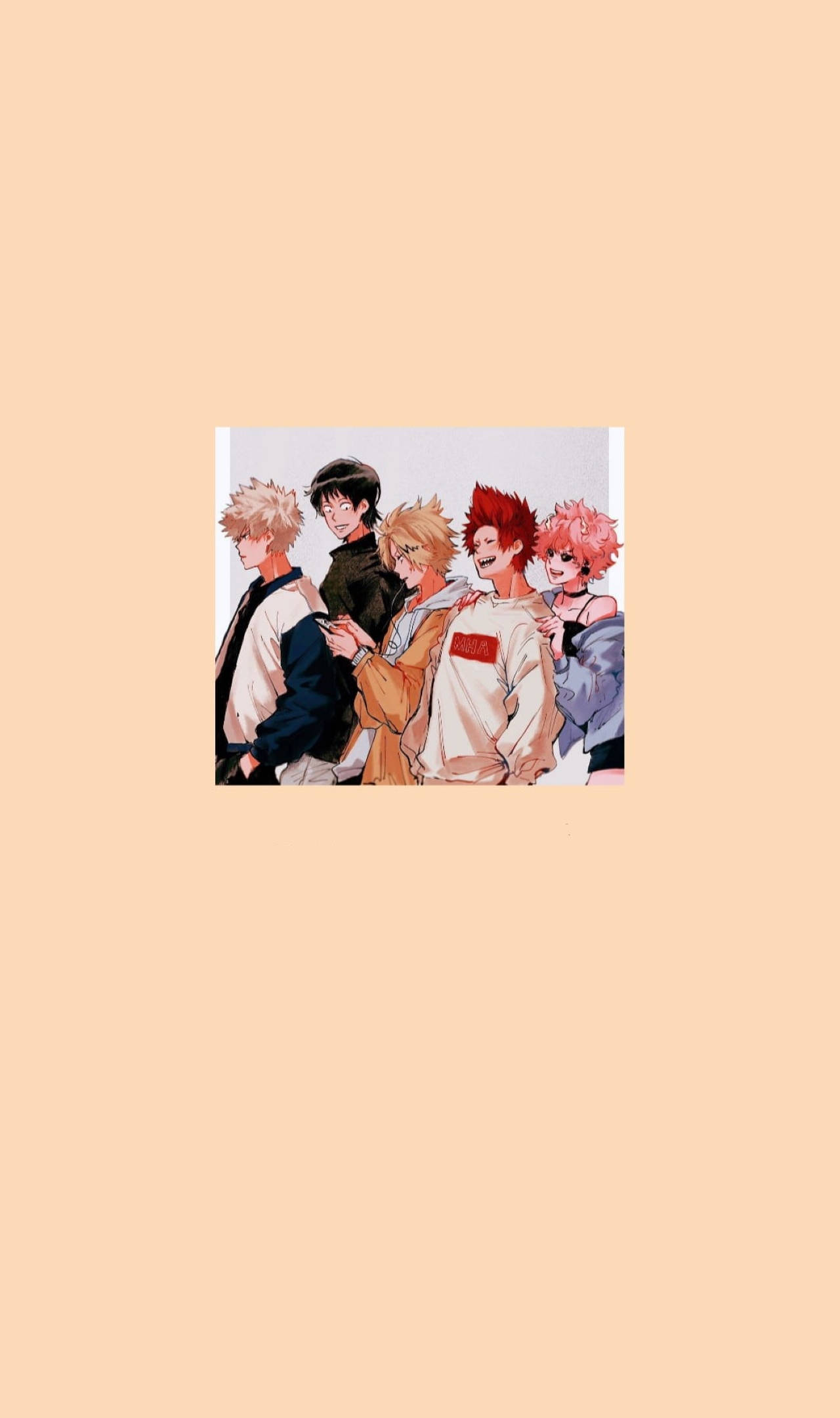 Bakusquad 桌布 壁紙 — 五個動畫男孩，頭髮尖刺，穿著休閒服，緊密地站在純色背景前。
