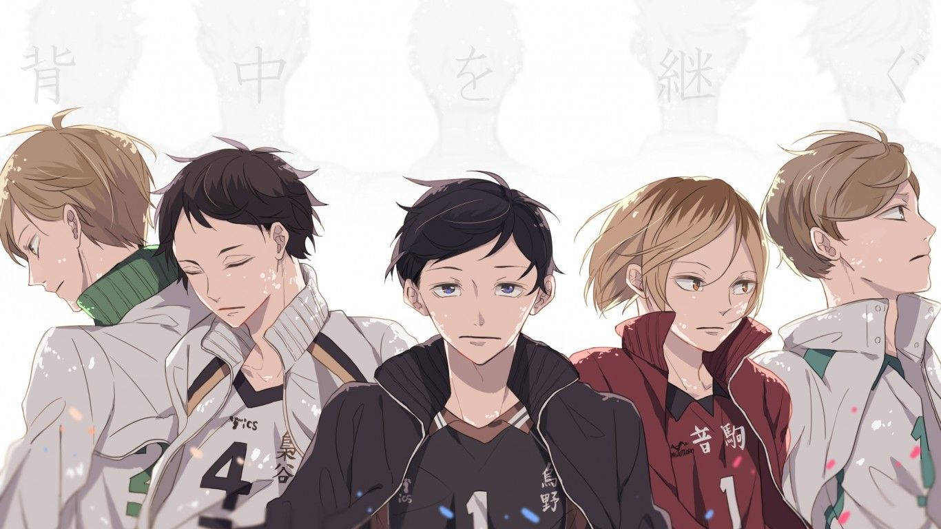 排球少年 桌布 壁紙 — 五個動畫男孩穿著排球制服，排成一排，表情堅定，背景是柔和的白色，帶有日文字。