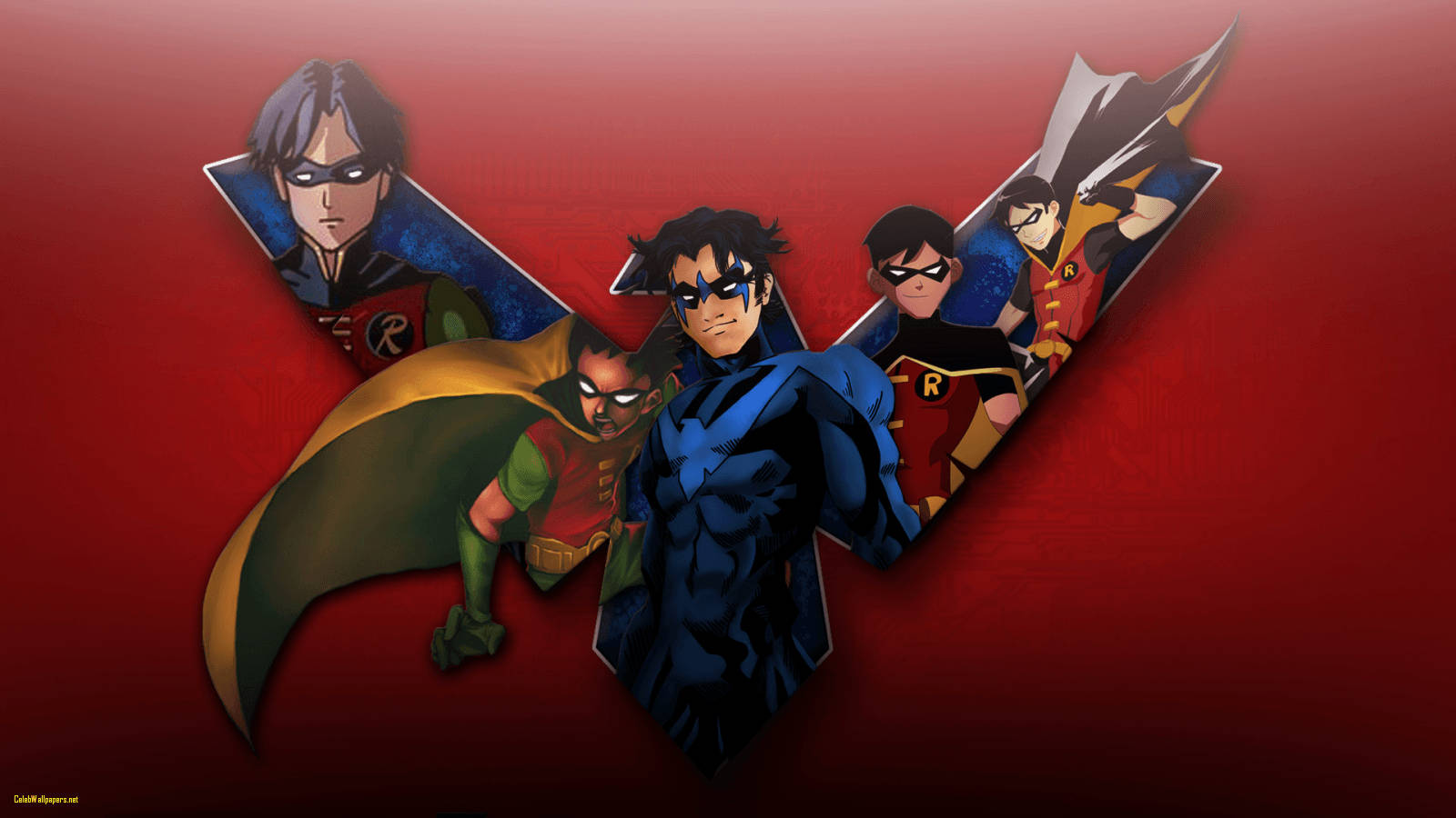 Nightwing 桌布 壁紙 — 五個動畫羅賓角色以動態姿勢從大膽的紅色背景中浮現，帶有風格化的V形。