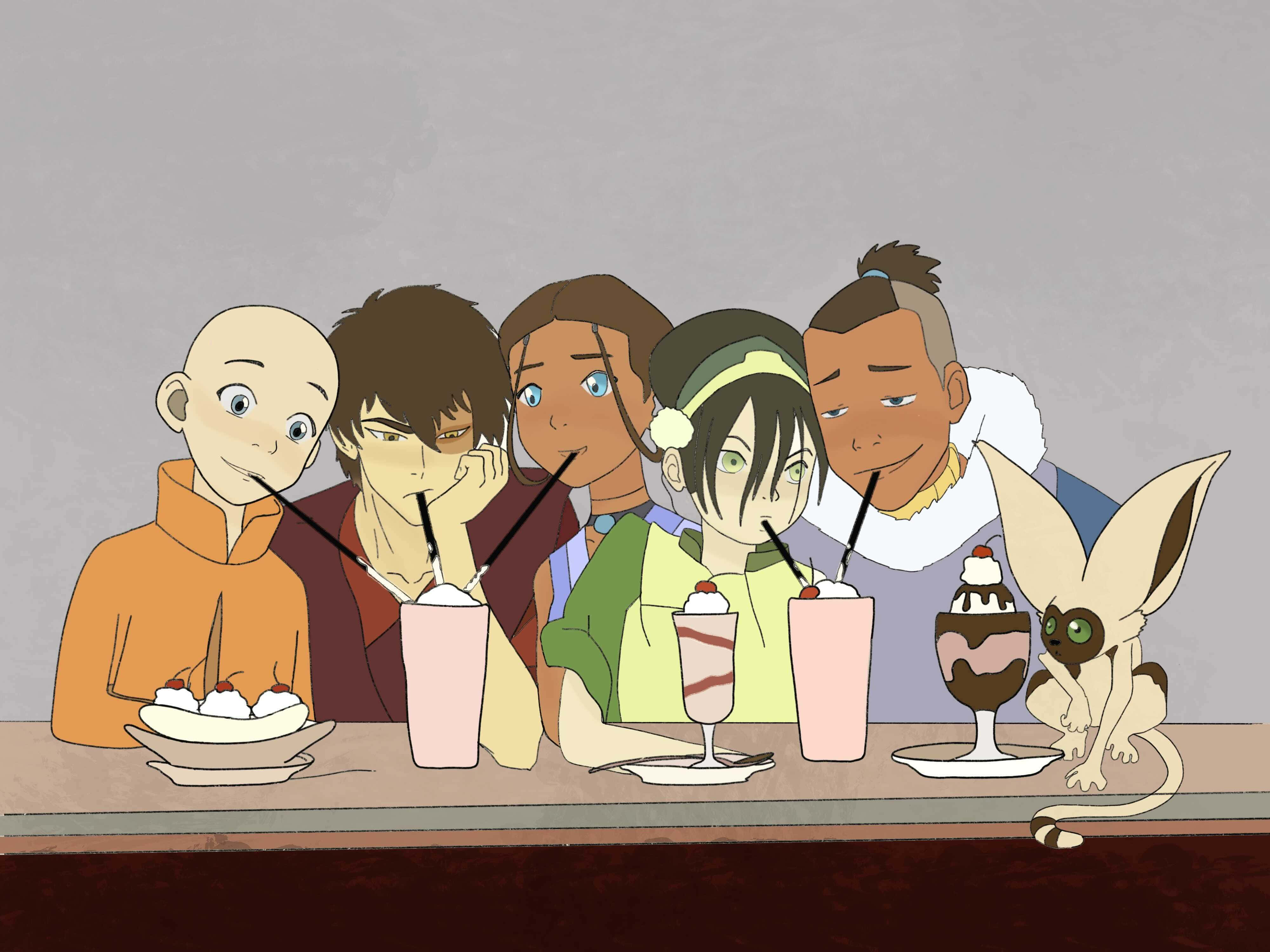 Avatar The Last Airbender 桌布 壁紙 — 五個動畫角色和一隻像狐狸的生物在櫃檯前開心享用冰淇淋飲料。