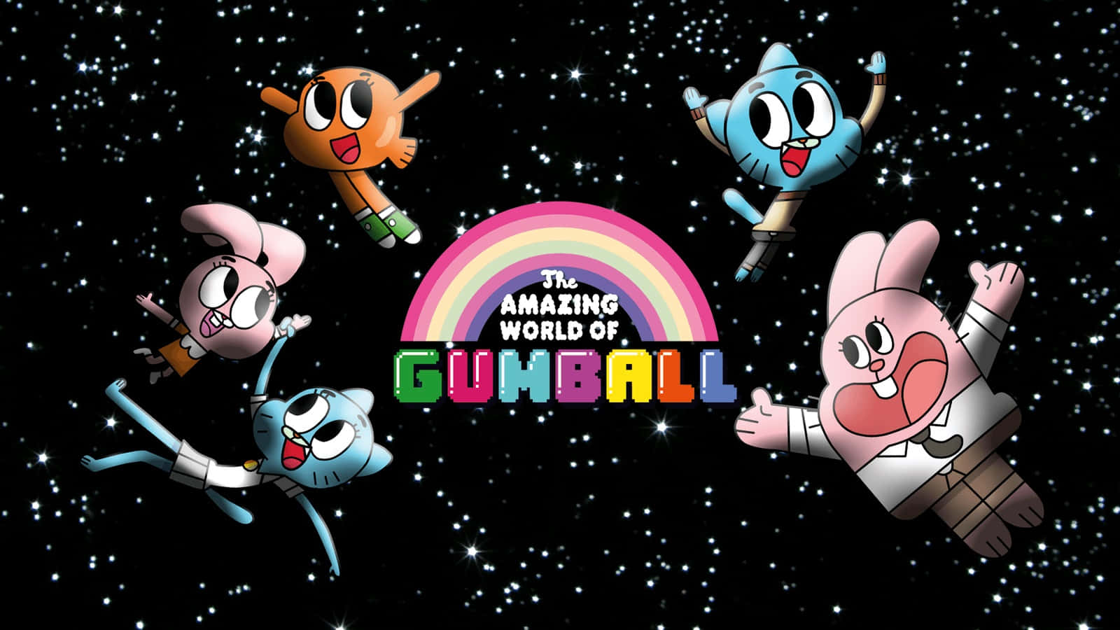 the amazing world of gumball 桌布 壁紙 — 五個動畫角色愉快地漂浮在繁星點點的太空，圍繞著色彩繽紛的彩虹並顯示標題。