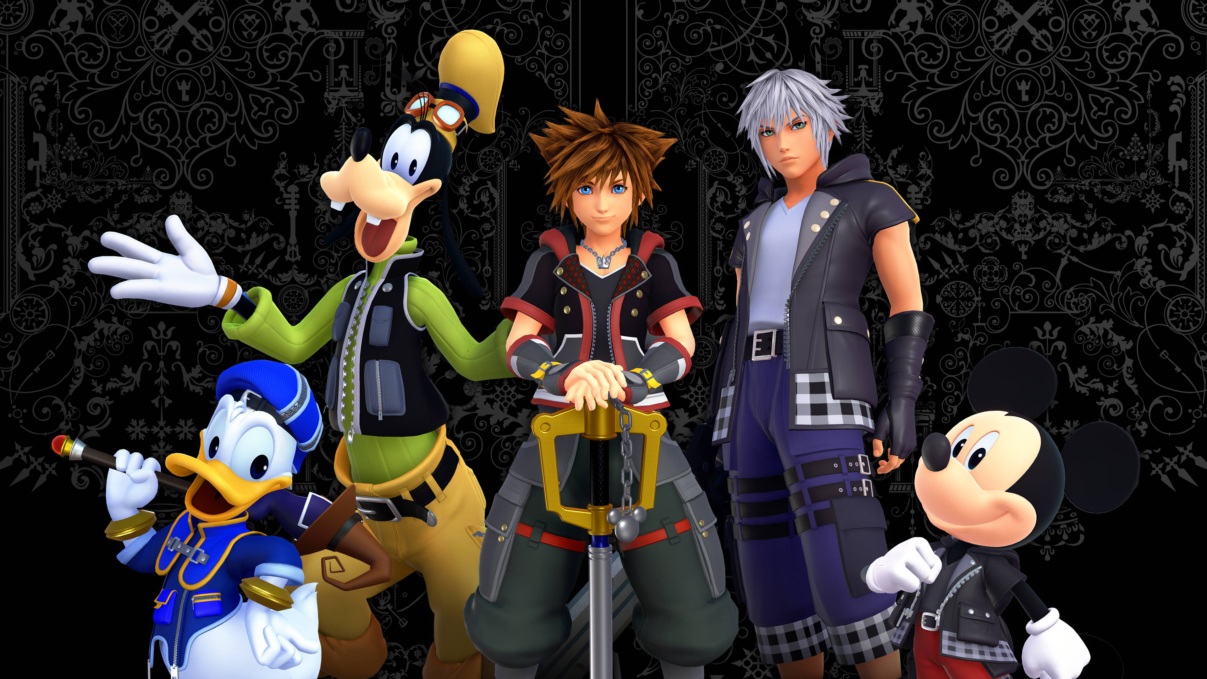 Kingdom Hearts 3 桌布 壁紙 — 五個動畫角色穿著時尚服裝，在華麗的黑色背景前自信地擺姿勢。