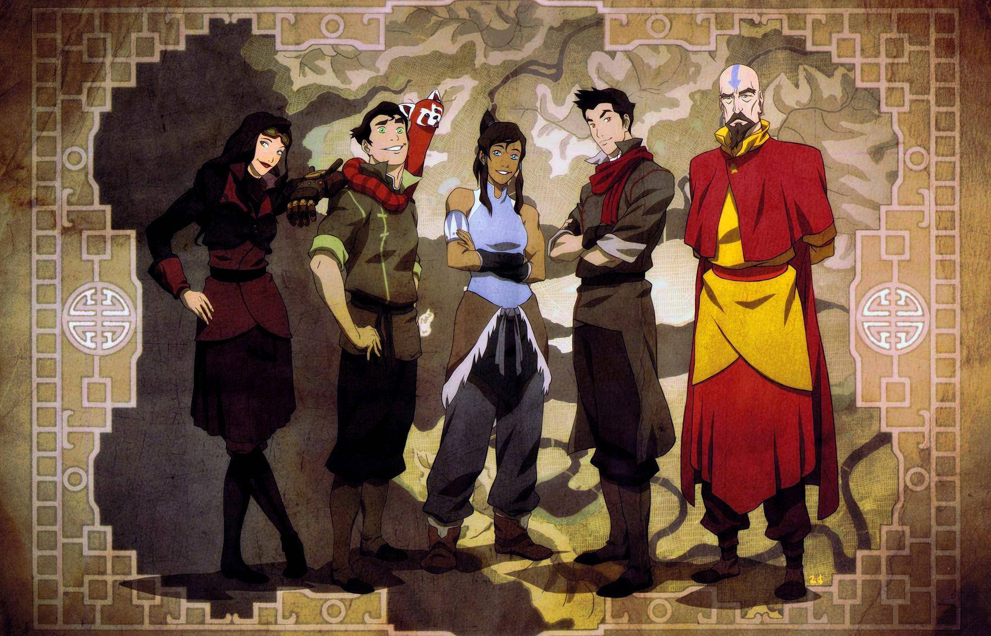 Korra 桌布 壁紙 — 五個動畫角色自信地站在一個風格化的寺廟門口，帶有華麗的幾何邊框和溫暖的大地色調。