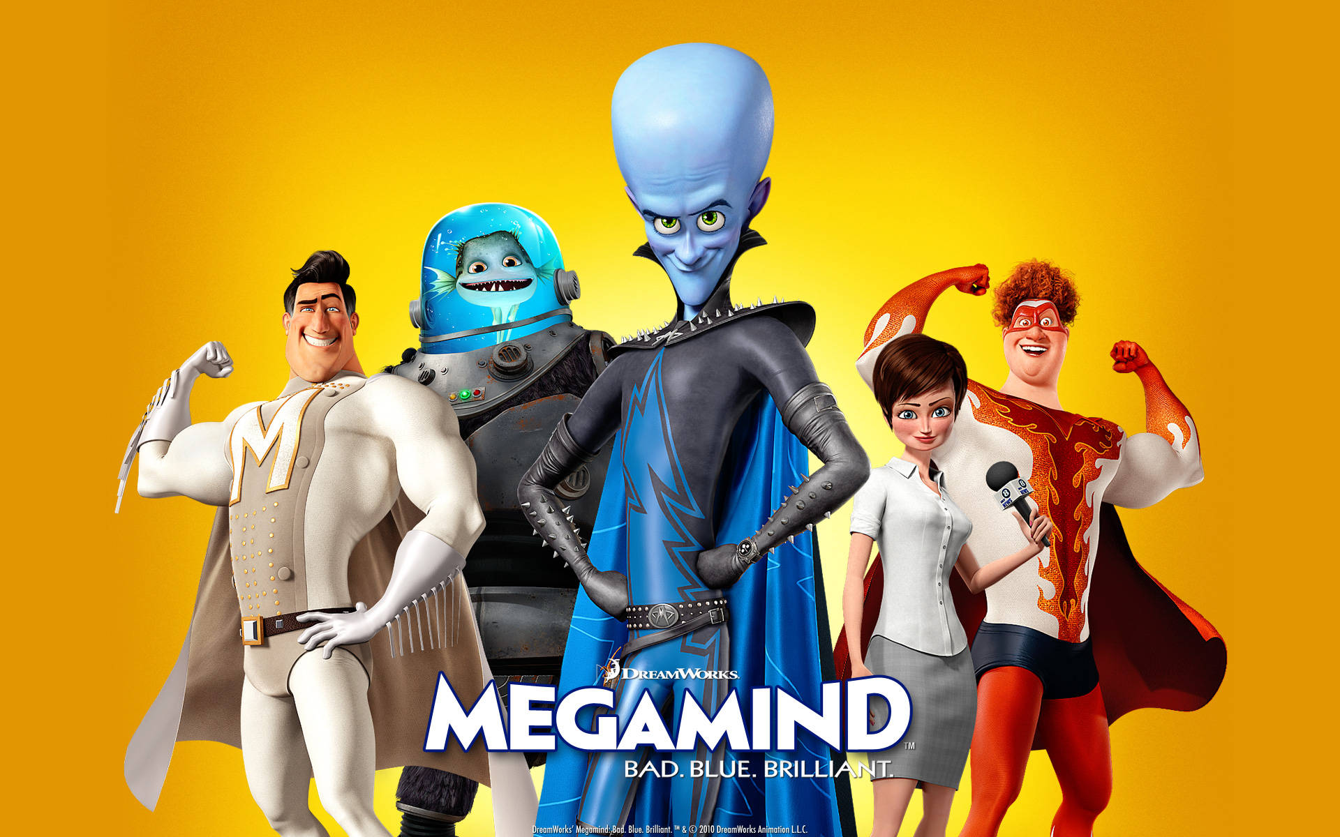 Megamind 電影海報，展示五個動畫超級英雄角色一起擺姿勢。 — 外星人 GIF 壁紙