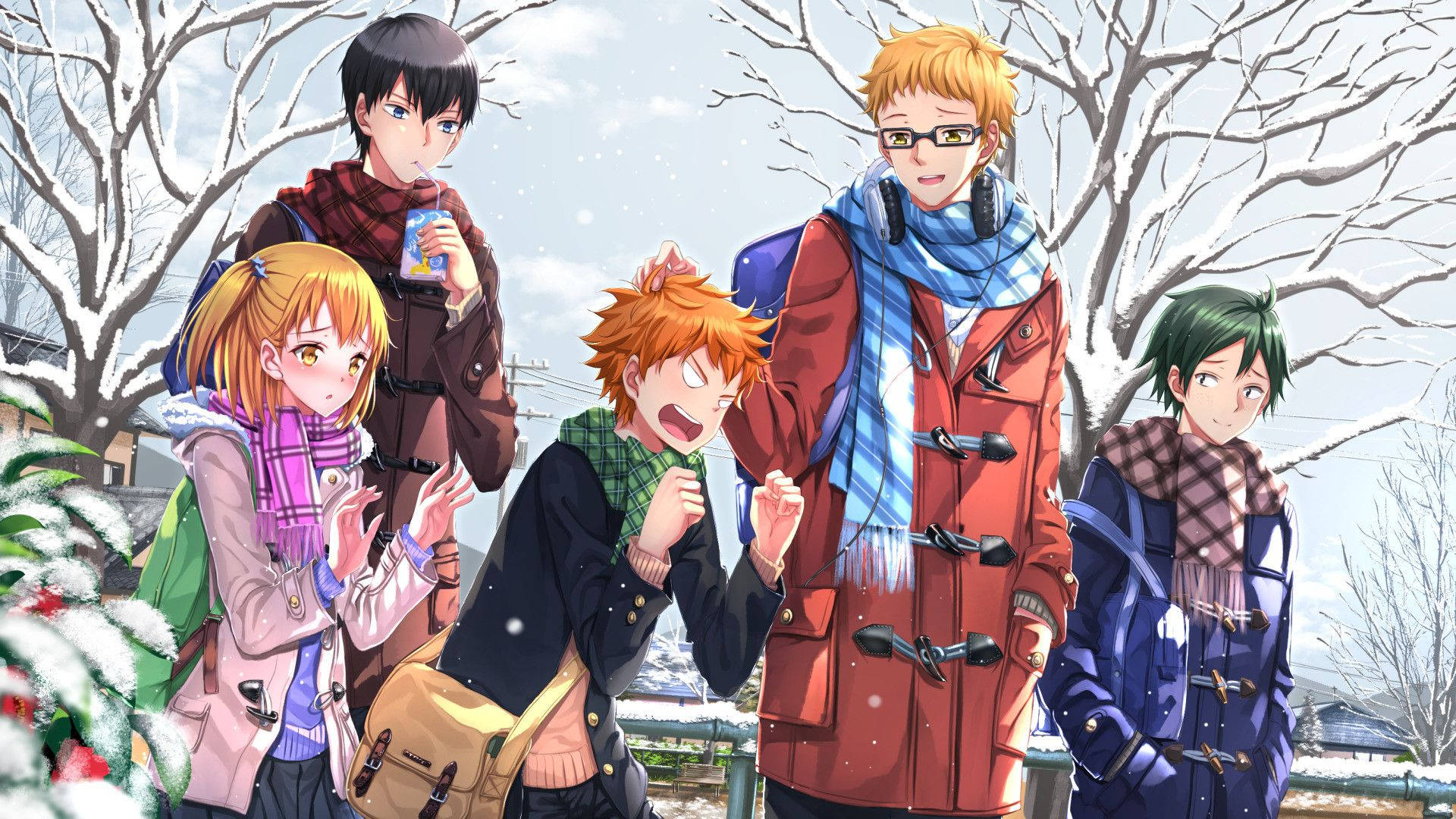 kei tsukishima 桌布 壁紙 — 五個動畫青少年穿著冬季外套，在落雪中光禿禿的樹旁笑著聊天。