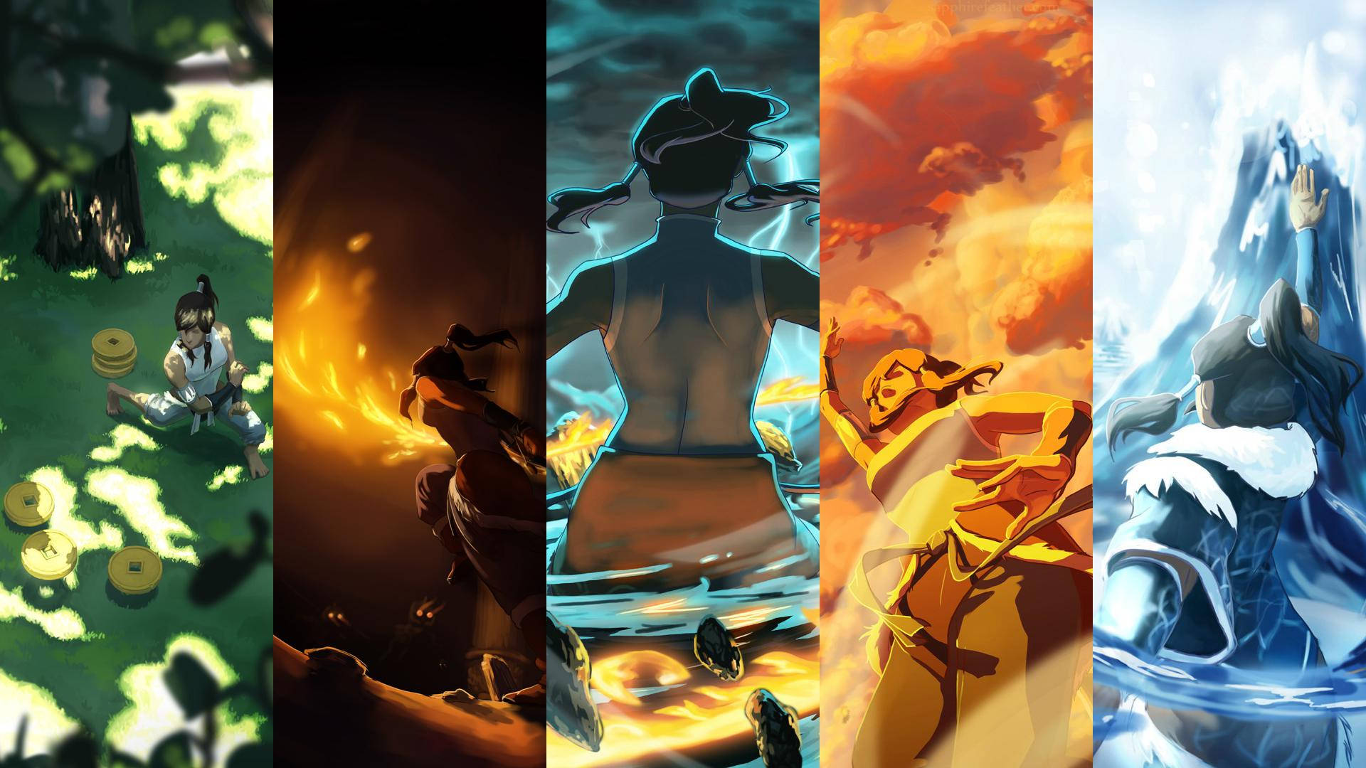 Korra 桌布 壁紙 — 五個動畫面板展示一個角色在充滿活力的風格化場景中掌握地、火、水、風和閃電元素。
