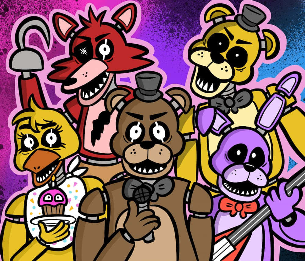 Five Nights At Freddys 桌布 壁紙 — 五個卡通動畫角色，擁有鋒利牙齒和大小不一的眼睛，在充滿活力的紫色和藍色漸變背景前擺姿勢。