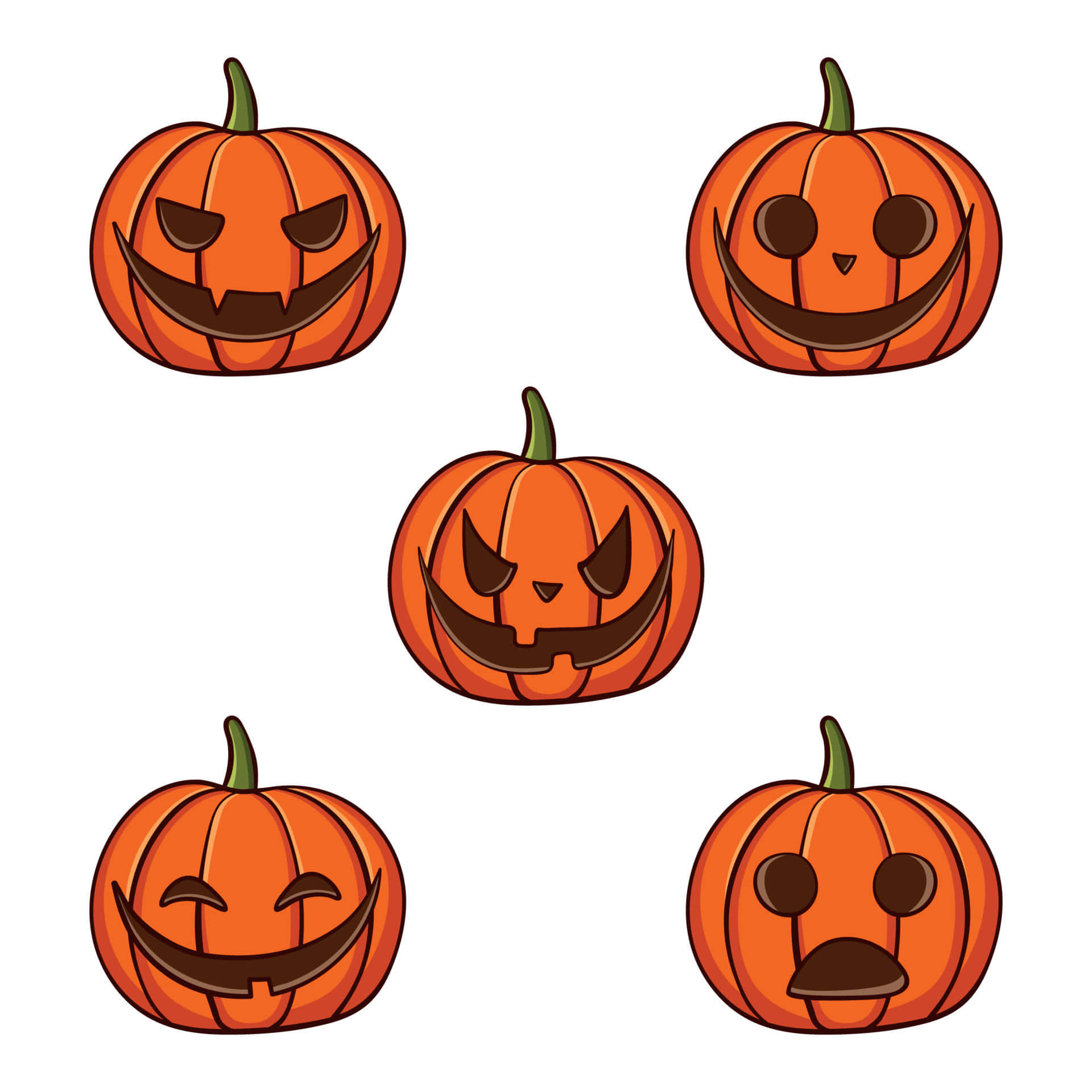 Halloween Pumpkin 桌布 壁紙 — 五個卡通南瓜燈，表情各異，有恐怖有滑稽，漂浮在純白色背景上。