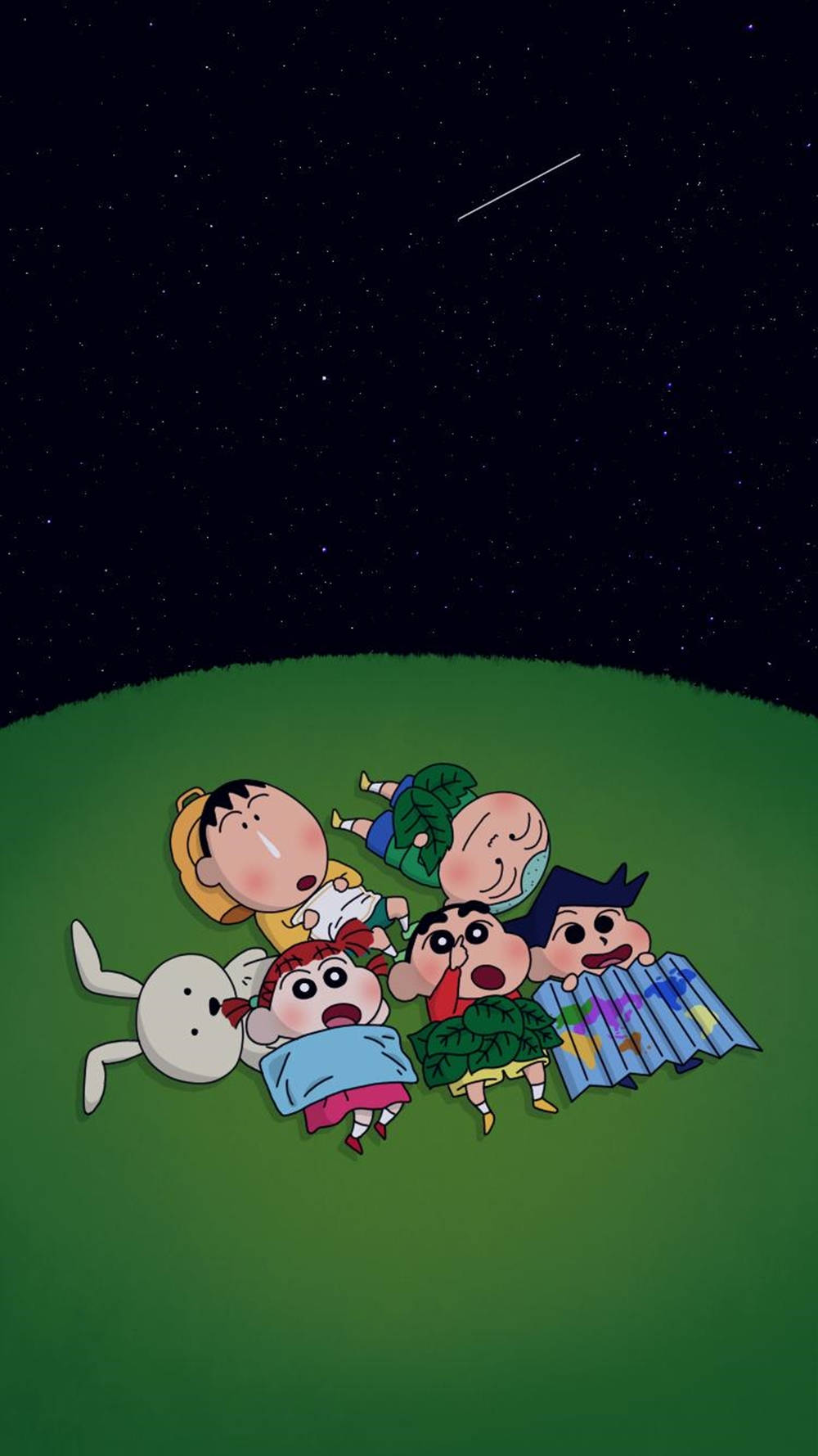卡通小孩和兔子在夜空中觀看流星。 — 動漫角色 GIF 壁紙