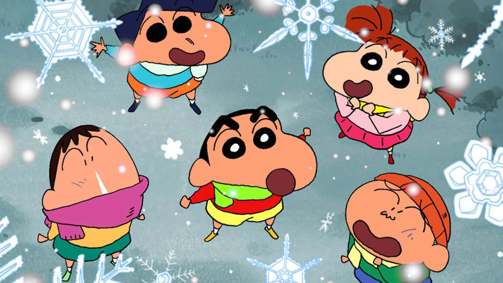 Crayon Shin Chan 桌布 壁紙 — 五個卡通小孩在寒冷的藍灰色冬季背景下，在飄落的雪花和發光球體中快樂地漂浮。