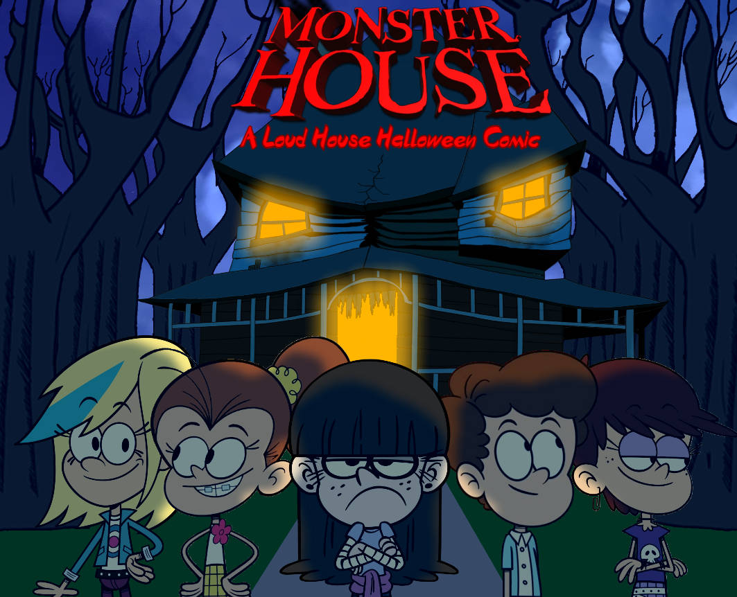 Monster House 桌布 壁紙 — 五個卡通小孩站在一個陰森鬼屋前，鬼屋窗戶發光，背景是黑暗樹木密佈的天空。