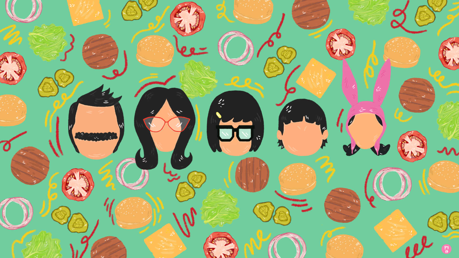bob's burgers 桌布 壁紙 — 五個卡通面孔，各有不同髮型和眼鏡，在青綠色背景上漂浮於色彩繽紛的漢堡配料之間。