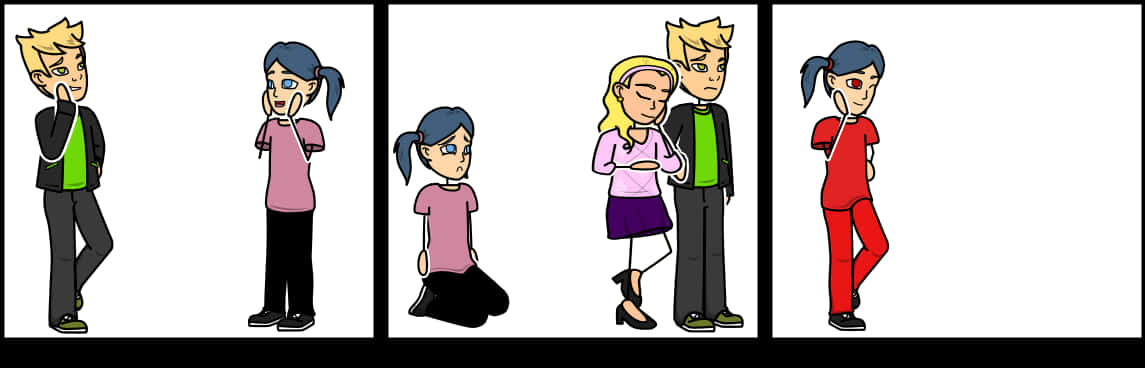 瓢蟲少女 桌布 壁紙 — 五個卡通面板顯示一個男孩和一個女孩在各種姿勢，包括講電話和跪著。