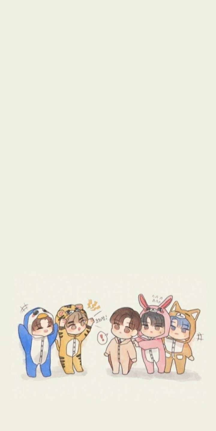 五個穿著動物服裝的動漫角色微笑著一起擺姿勢。 — BTS 卡通 GIF 壁紙