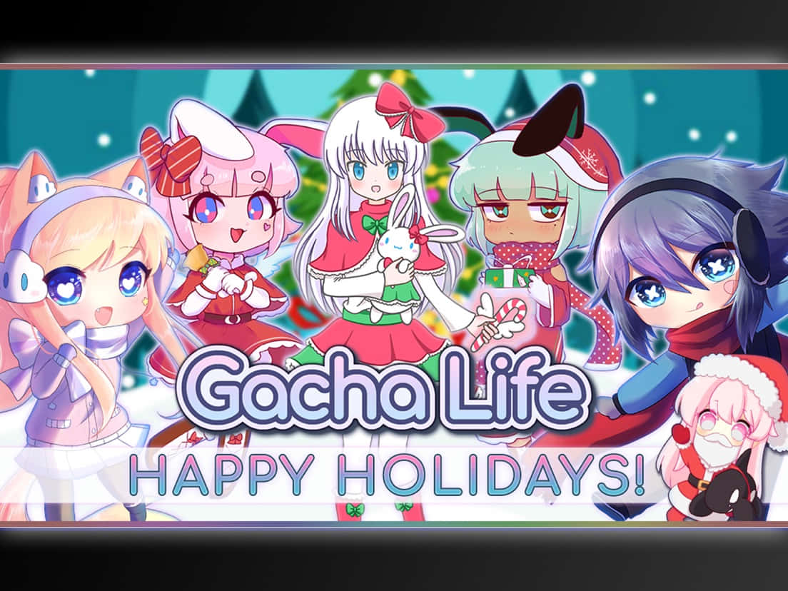 Gacha Life 桌布 壁紙 — 五個可愛動畫女孩穿著節日服裝，歡快地聚集在聖誕樹周圍，雪花飄落。