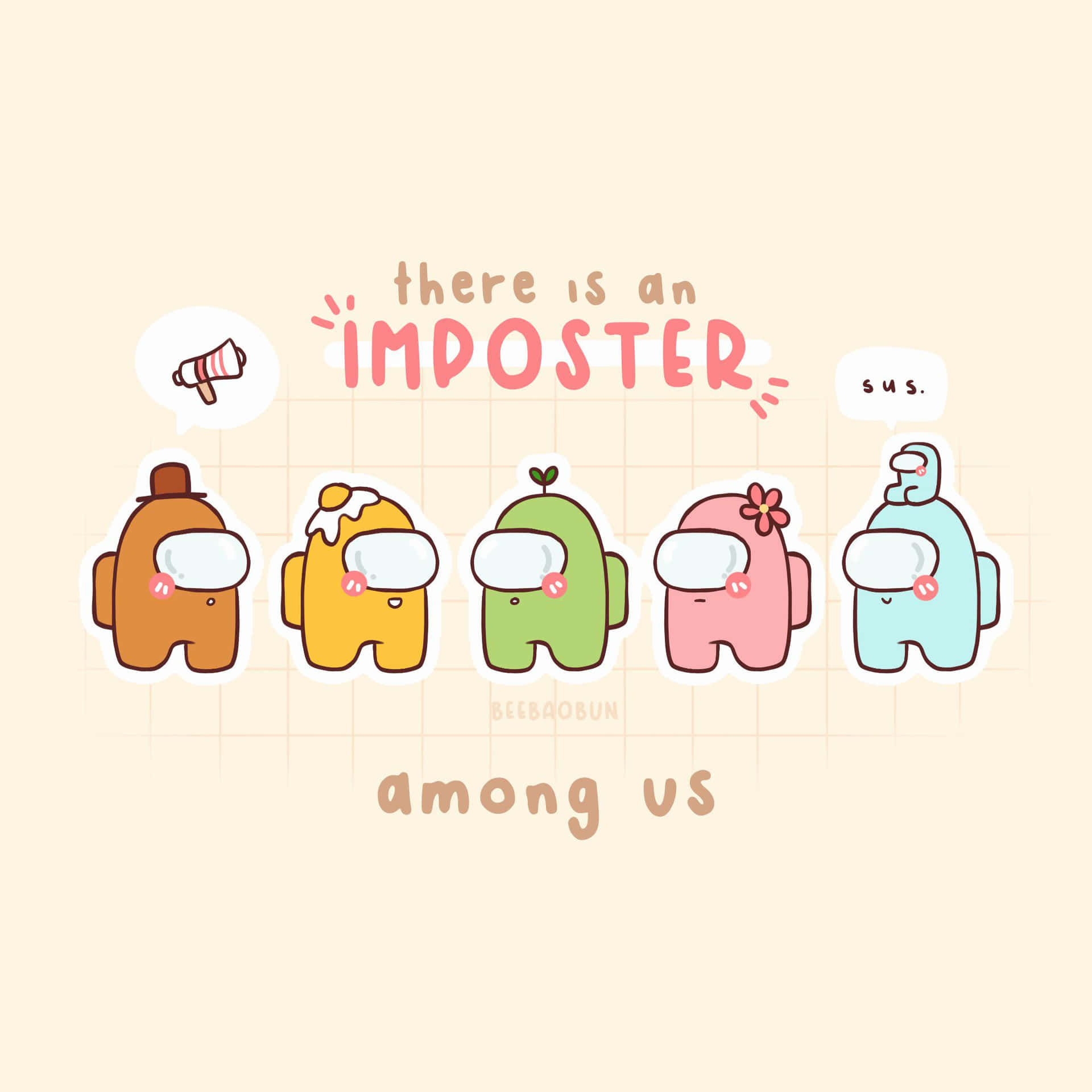 五個Among Us角色，對話框寫著'there is an IMPOSTER'和's.u.s.' — Among US 壁紙