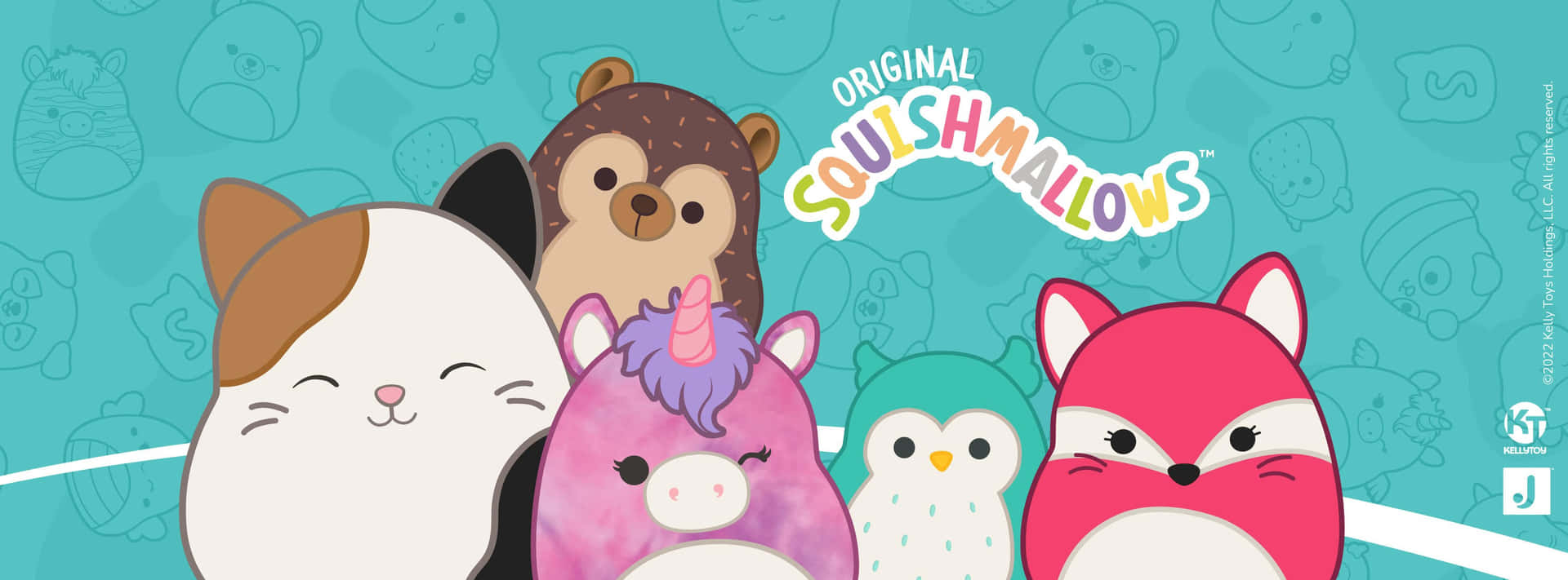 一組五個微笑的Squishmallows毛絨角色，粉彩色調。 — Squishmallows 壁紙