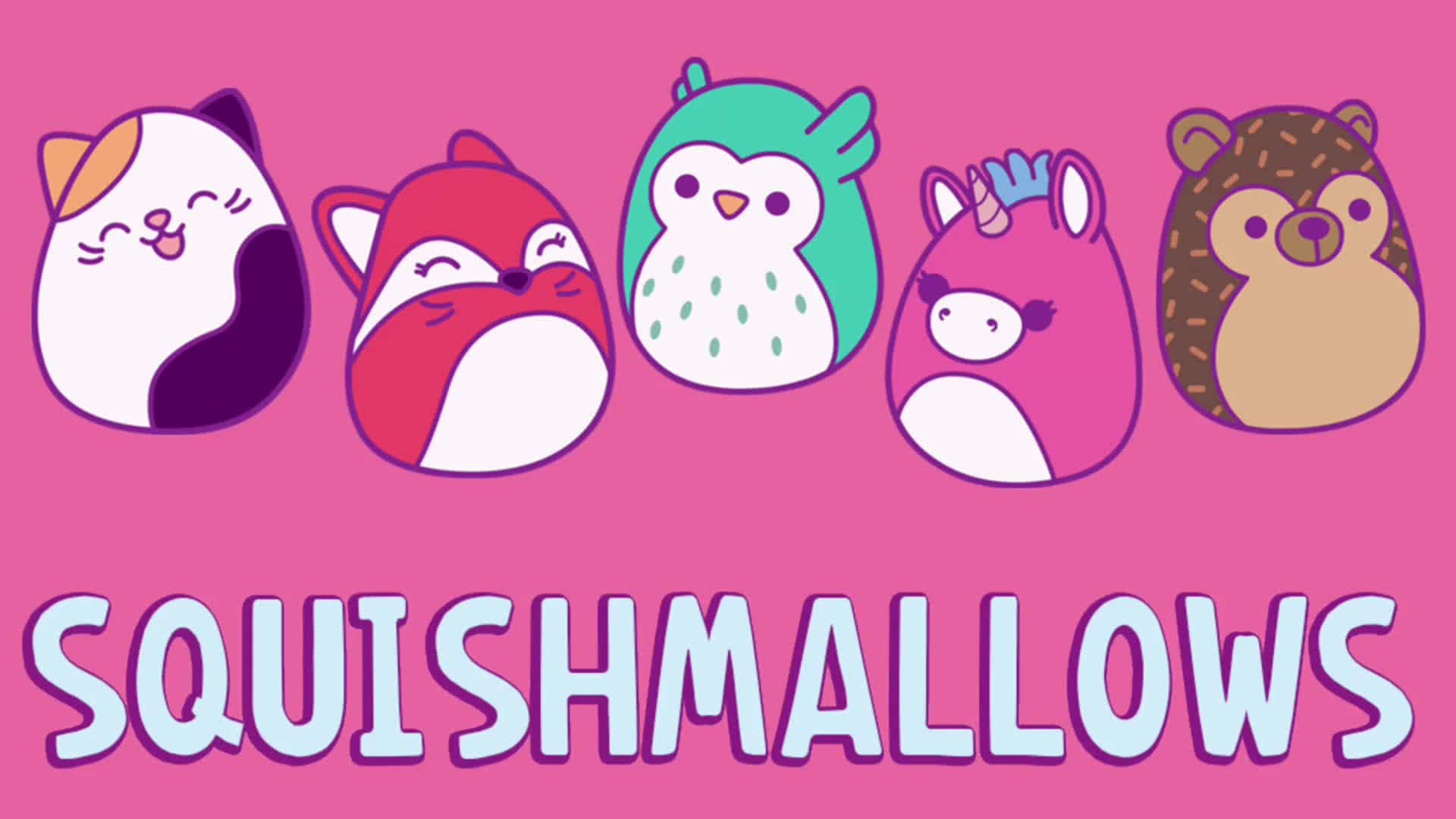 五個微笑的卡通動物，身體圓潤，在粉紅色背景上。 — Squishmallows 壁紙