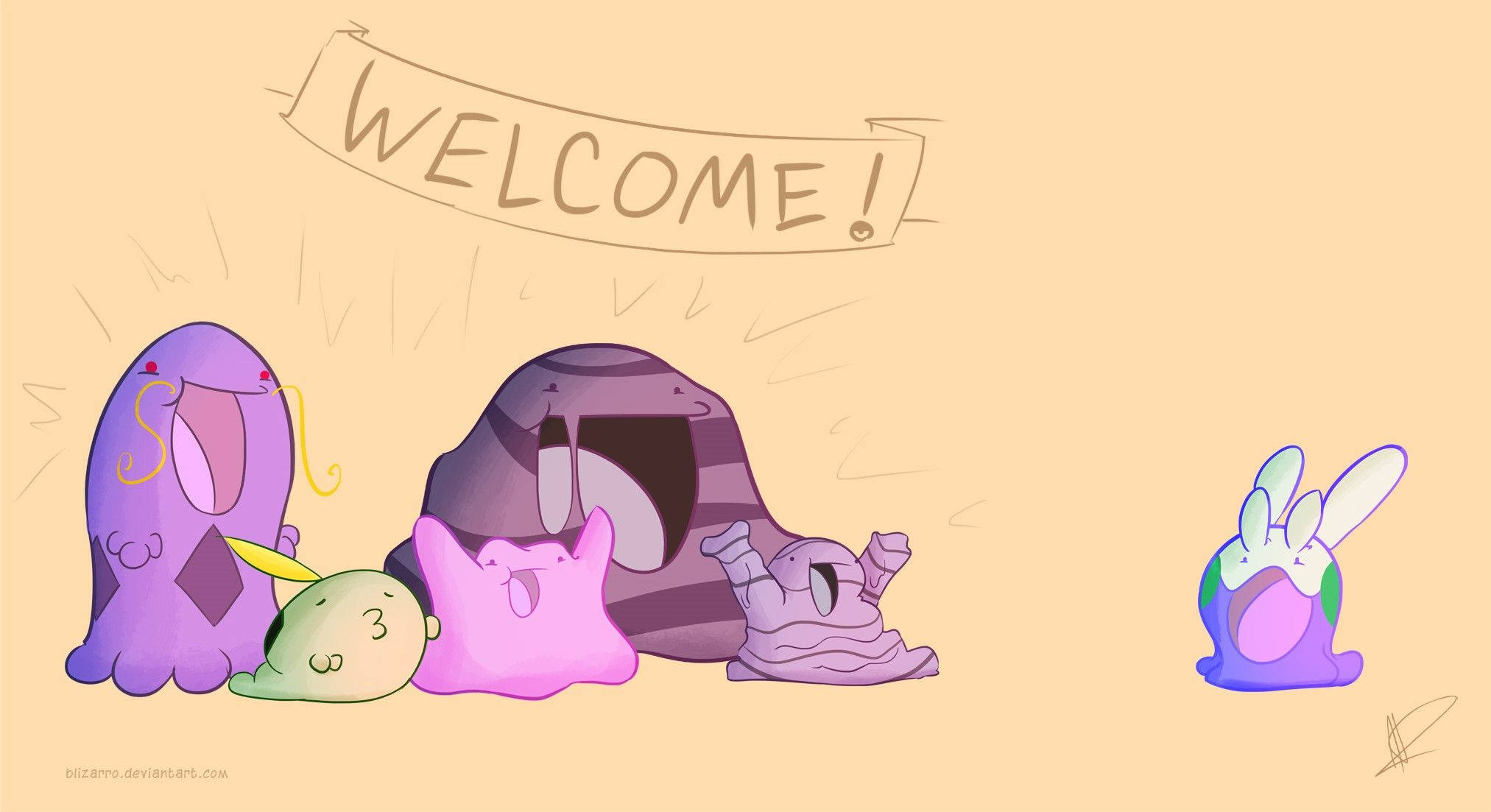 ditto 桌布 壁紙 — 五個可愛的卡通史萊姆帶著歡迎橫幅，在溫暖的米色背景前向觀眾打招呼。