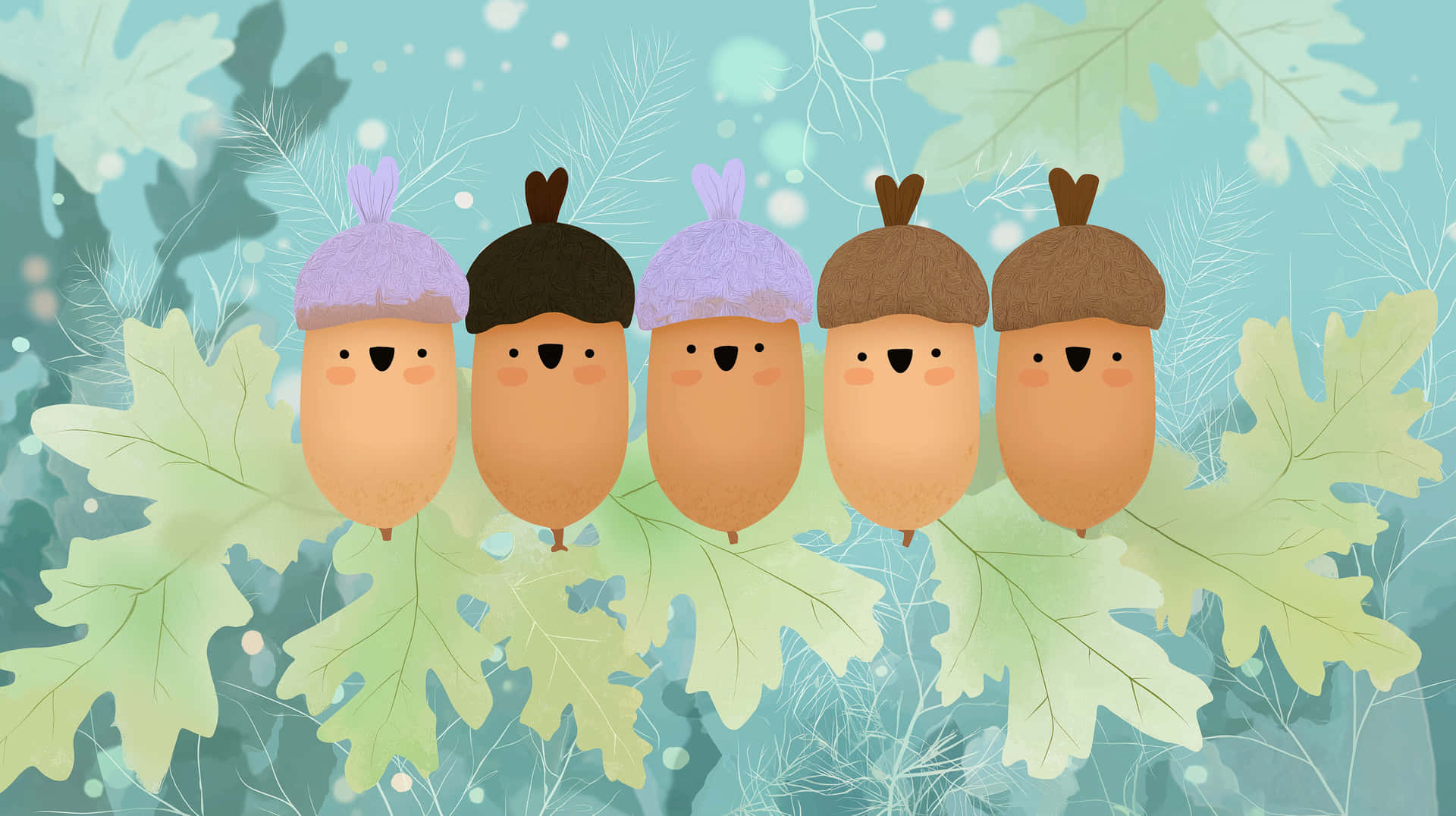 Five Sweet Acorns Nestled Among Gentle Greenery 壁紙 — 五個可愛的卡通橡果，帶著笑臉和小帽子，棲息在綠色橡樹葉上，背景是柔和的藍色。