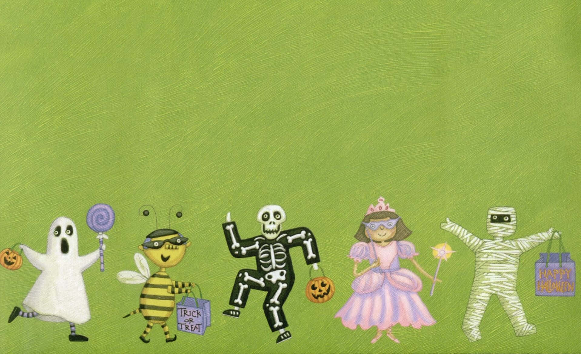 Halloween Party 桌布 壁紙 — 五個可愛的卡通萬聖節角色——鬼魂、蜜蜂、骷髏、公主和木乃伊——在帶有紋理的綠色背景上跳舞。