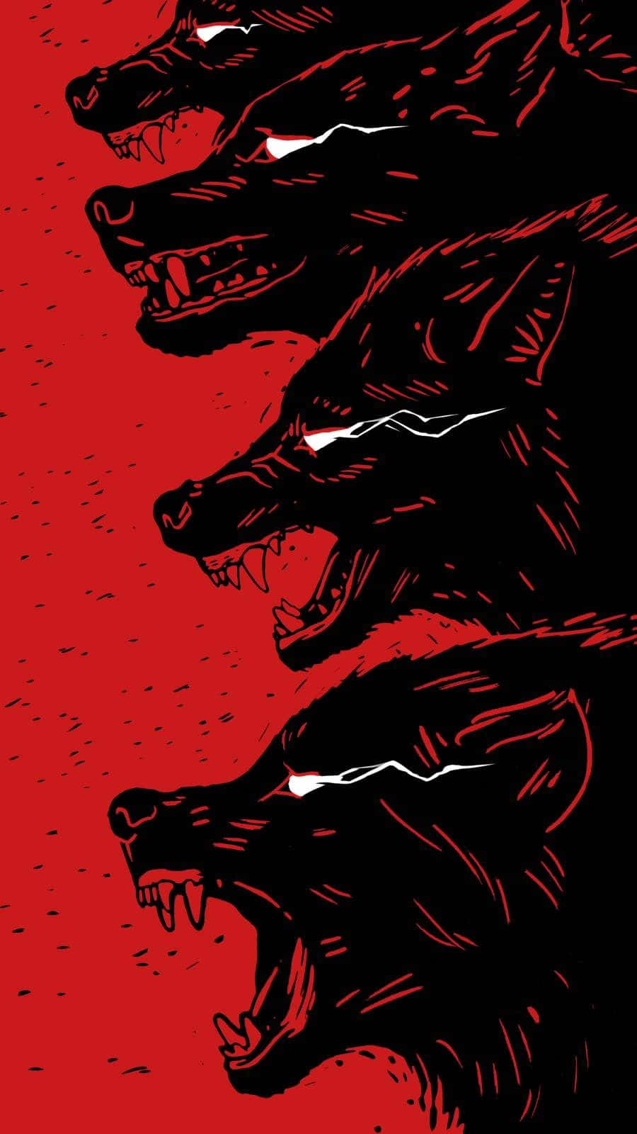 Red Wolf 桌布 壁紙 — 五個咆哮的黑狼頭，帶有發光的白色眼睛，在紋理紅色的背景上威脅地凝視著。