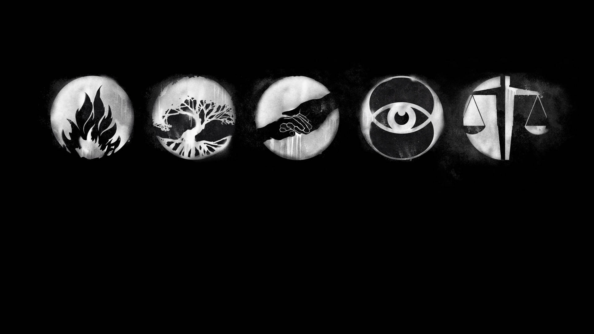 Divergent 桌布 壁紙 — 五個單色圓形符號在黑色背景上發光，分別代表火、樹、握手、眼睛和天秤。