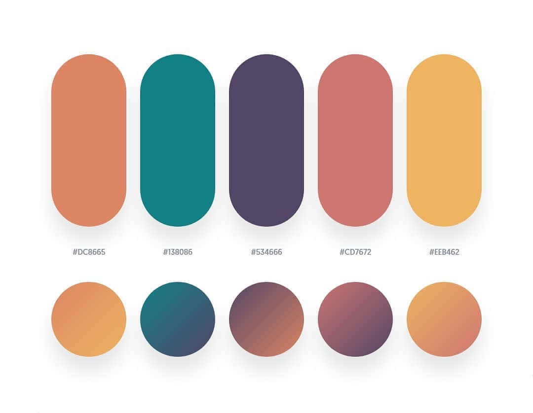 Color Palette 桌布 壁紙 — 五個圓角矩形和五個圓形展示了一個精心挑選的溫暖大地色調調色板，每個形狀下方帶有十六進制代碼。