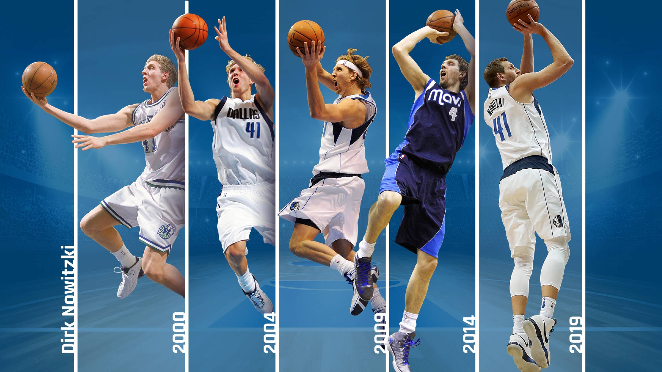 Dirk Nowitzki 桌布 壁紙 — 五個垂直面板展示了德克·諾維茨基從2000年到2019年的比賽畫面，每個面板都在藍色漸變背景上捕捉了他標誌性的籃球投籃。