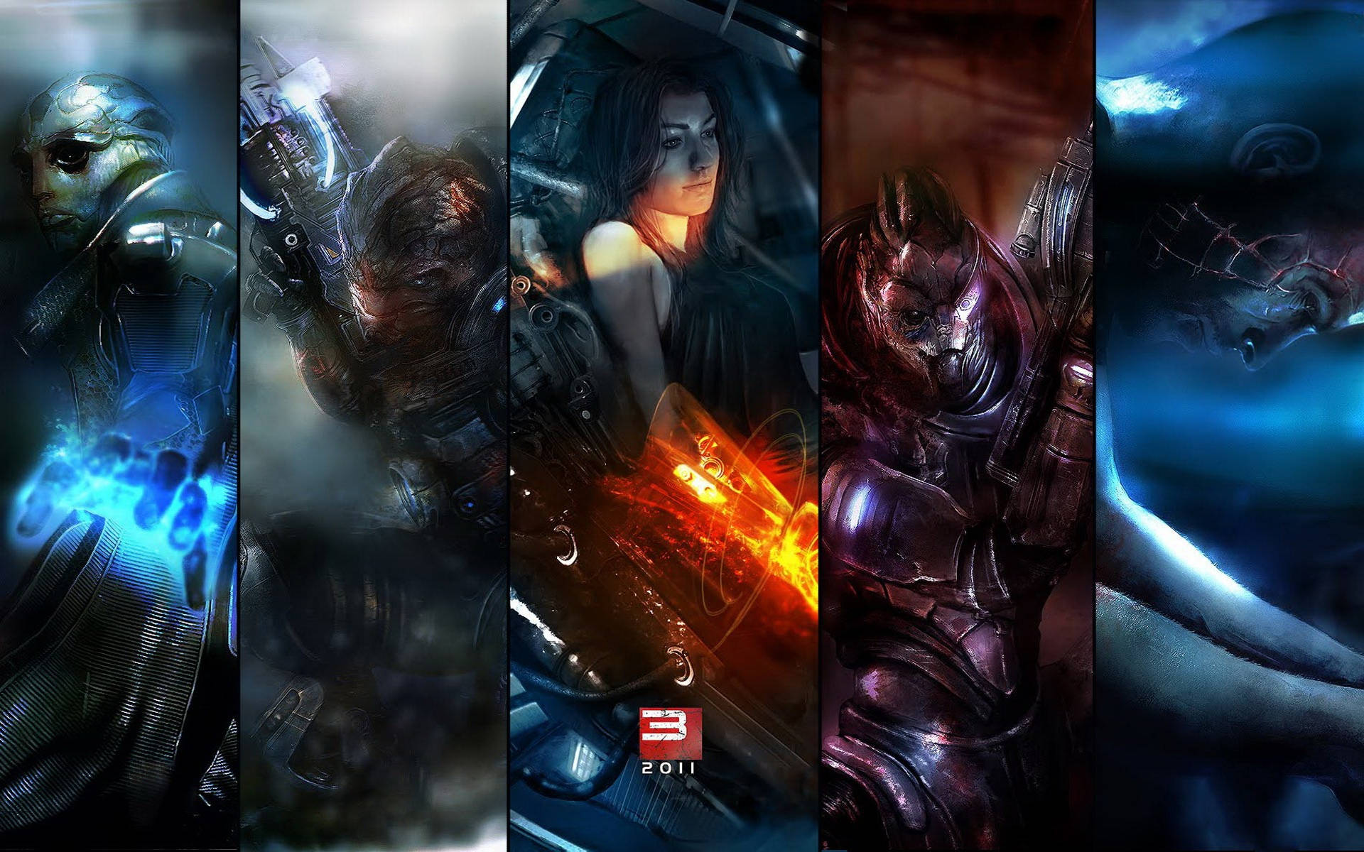 Mass Effect 3 桌布 壁紙 — 五個垂直面板描繪了身披裝甲的科幻角色，身處黑暗氛圍中，帶有發光的藍色和橙色亮點。