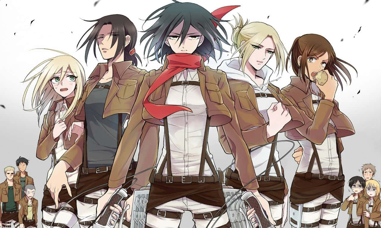 Jean Kirstein 桌布 壁紙 — 五個堅定的動漫角色身穿棕色制服，裝備齊全，站在樸素背景前。