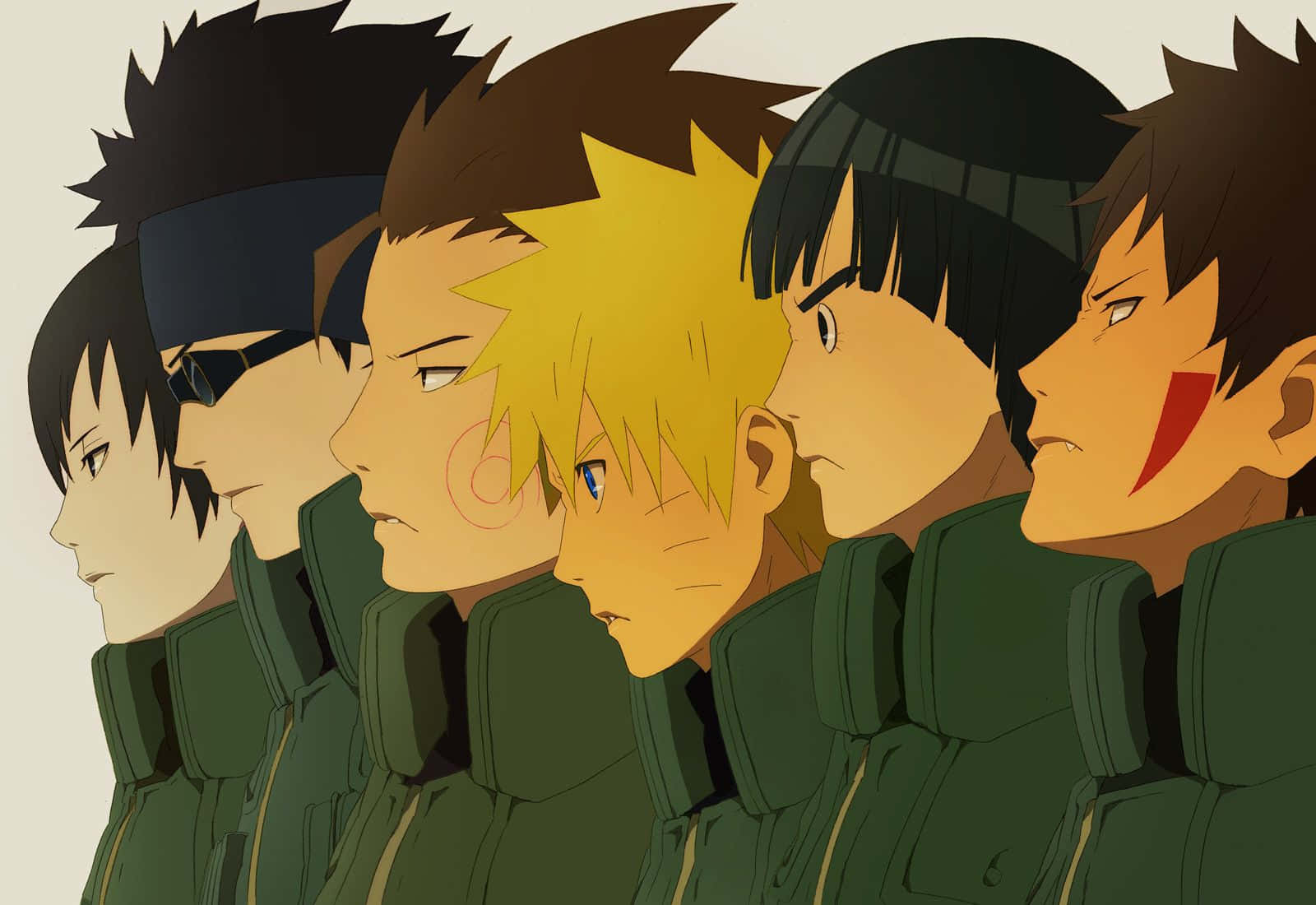 Naruto's Friend 桌布 壁紙 — 五個堅定的動畫角色穿著綠色制服，在純色背景前側面站立，表情專注而嚴肅。