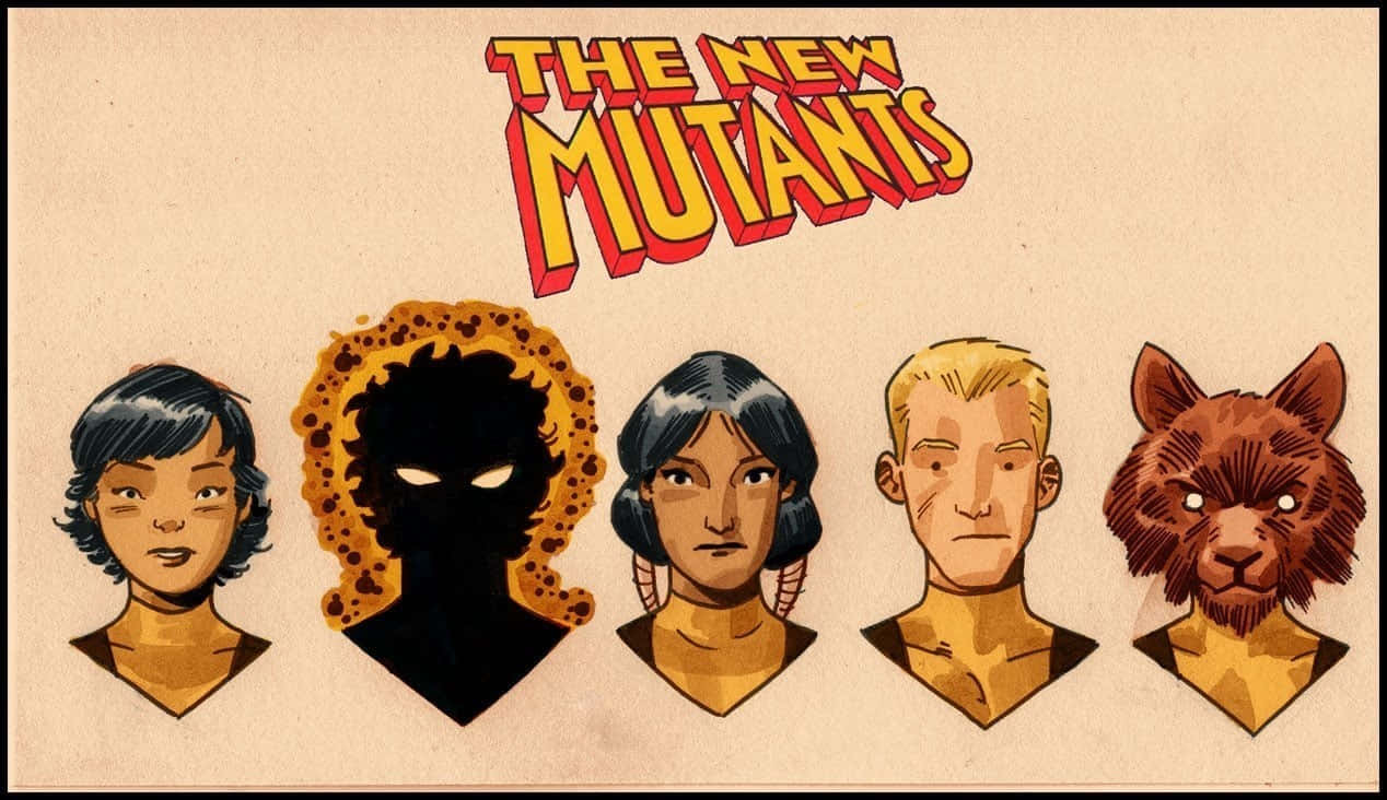 New Mutants 桌布 壁紙 — 五個外觀各異的插圖變種人角色站在粗體漫畫風格標題文字下方。