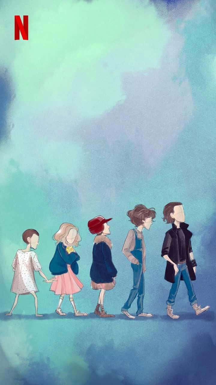 Eleven Stranger Things 桌布 壁紙 — 五個孩子排成一列，手牽手走過夢幻般的青綠色和藍色水彩天空，進行安靜的遊行。