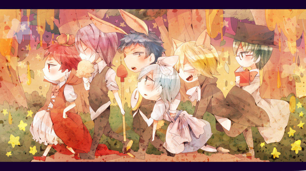 Kuroko 桌布 壁紙 — 五個帶有動物耳朵的動漫角色聚集在溫暖的秋日森林中，森林閃耀著金色的樹葉和流星。