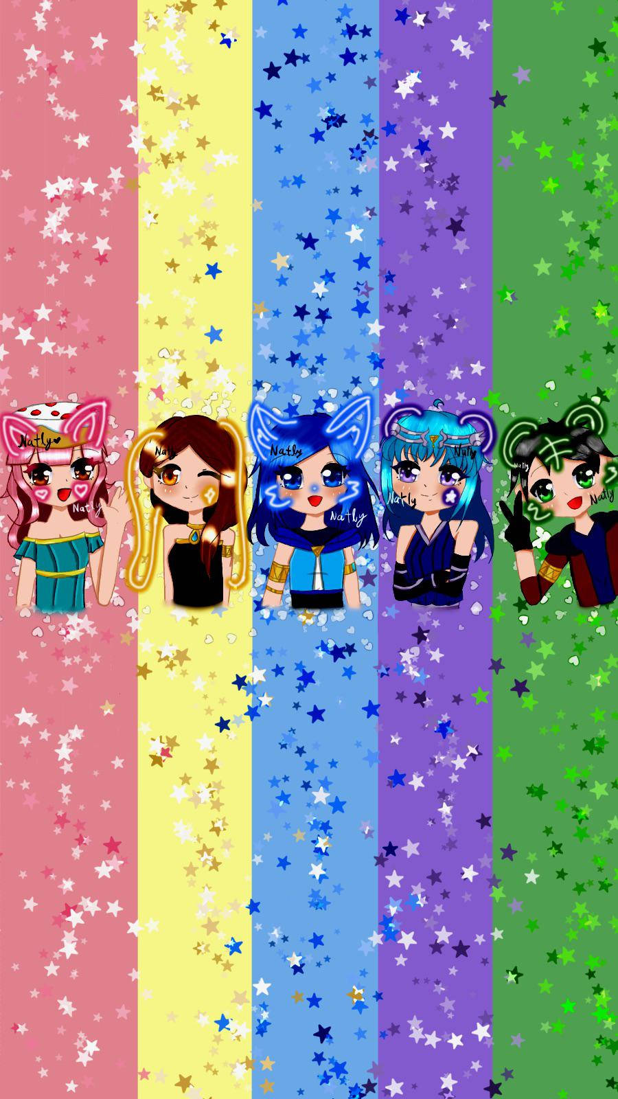 Krew 桌布 壁紙 — 五個帶有動物耳朵的動漫風格女孩站在充滿閃爍星星的彩虹條紋中。