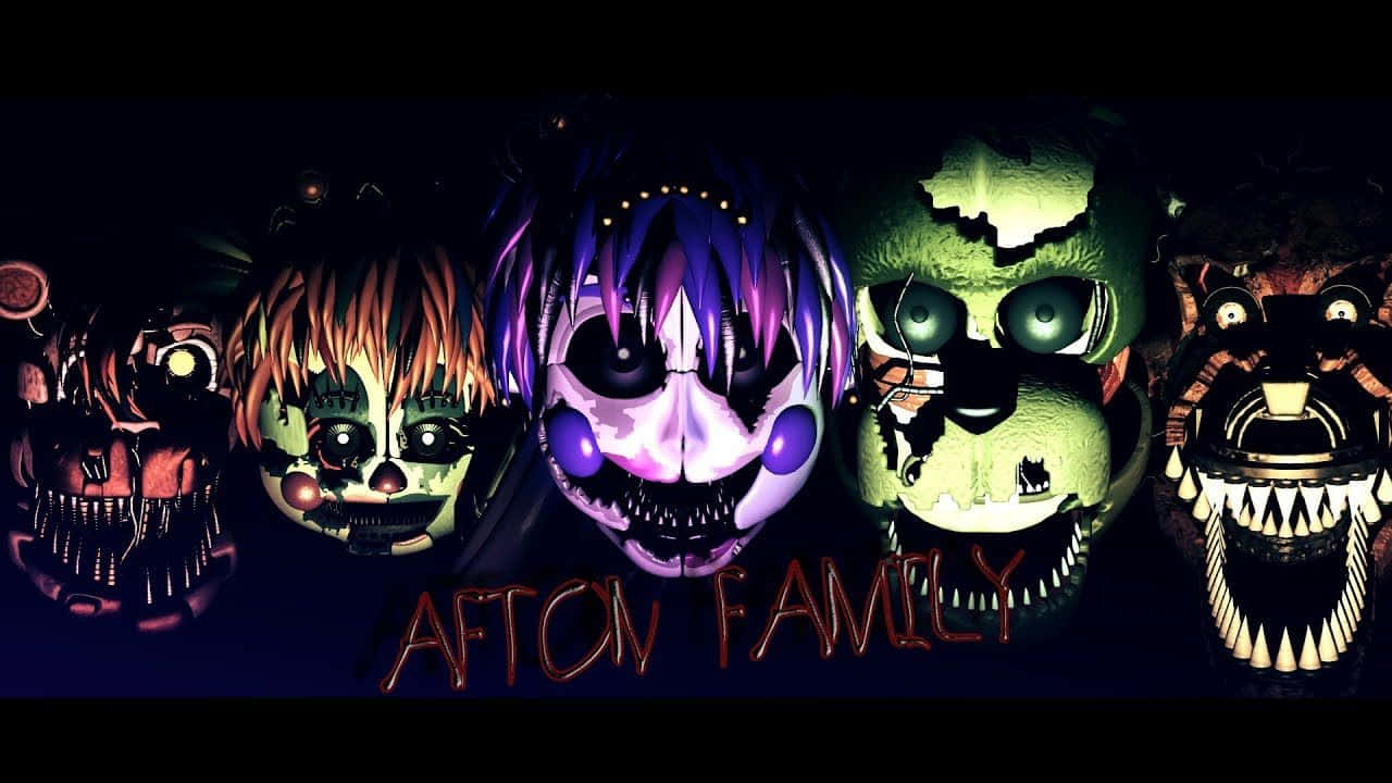 Afton Family 桌布 壁紙 — 五個帶有發光眼睛和尖銳牙齒的威脅性電子動畫角色在黑暗背景前直視前方。