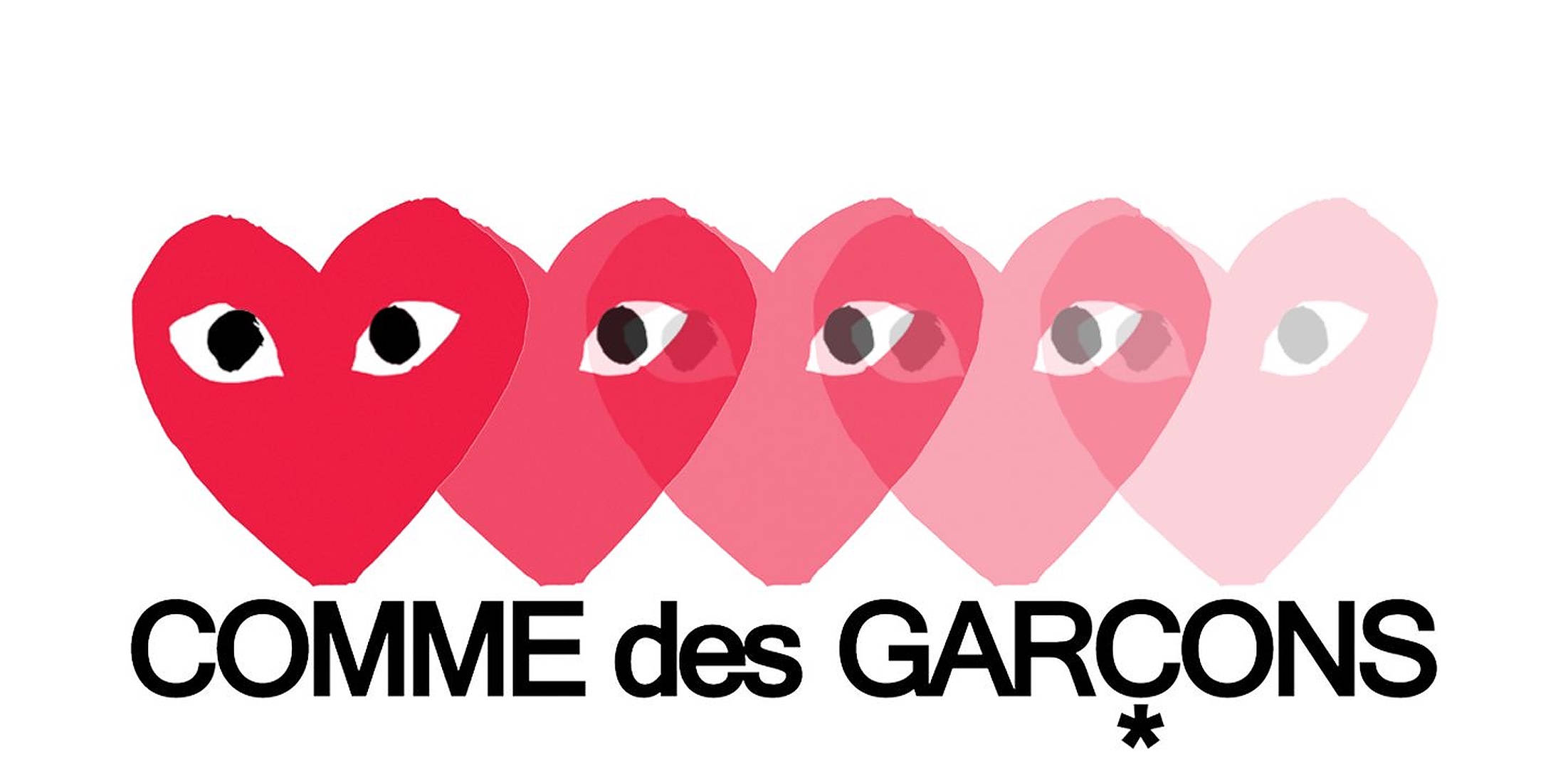 cdg 桌布 壁紙 — 五個帶有眼睛的漸層心形在白色背景上從紅色漸層到粉紅色，下方有品牌文字。